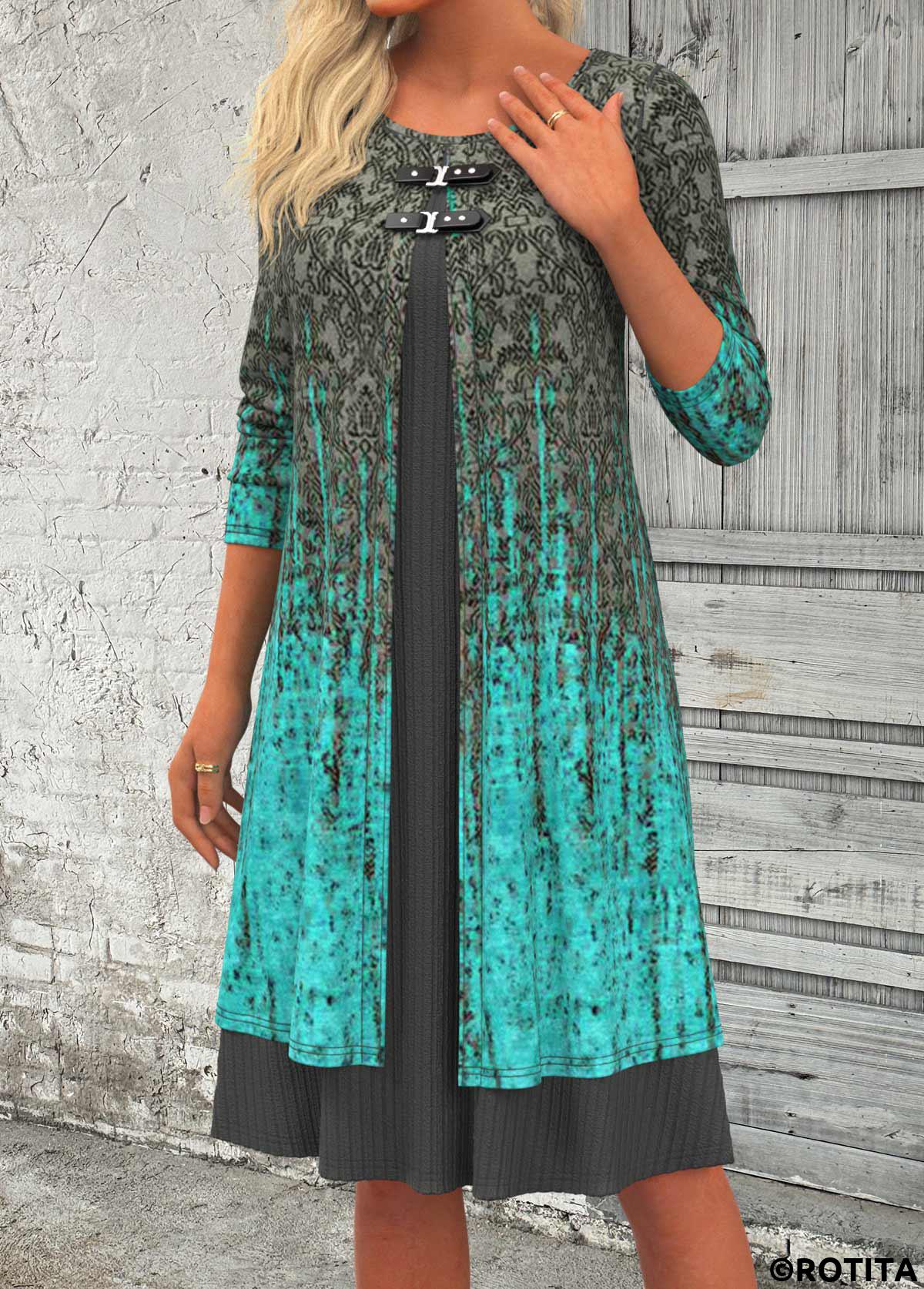 robe à col rond en patchwork ombré cyan rotita