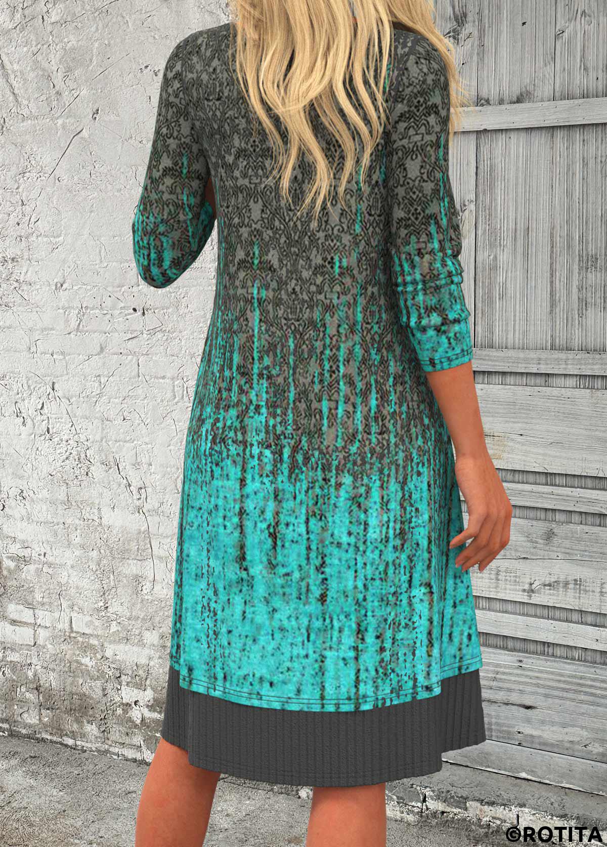robe à col rond en patchwork ombré cyan rotita