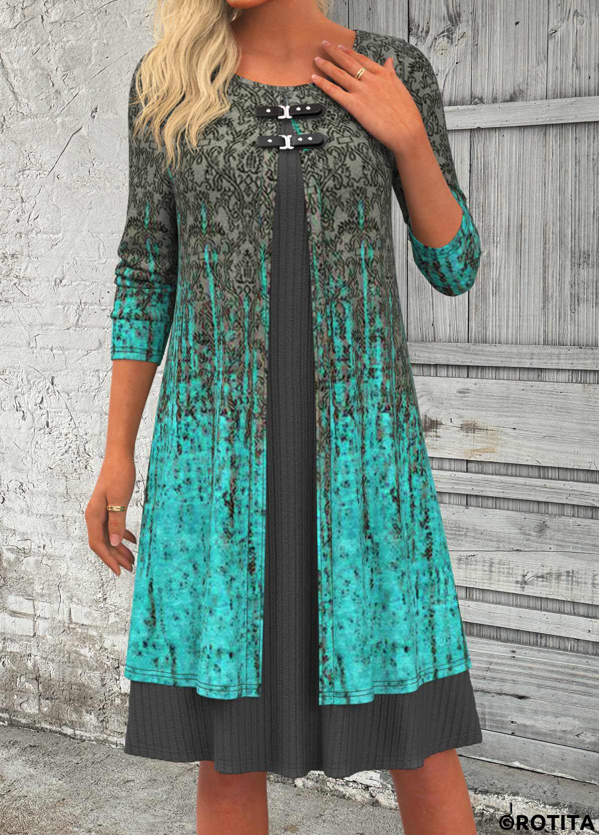 robe à col rond en patchwork ombré cyan rotita