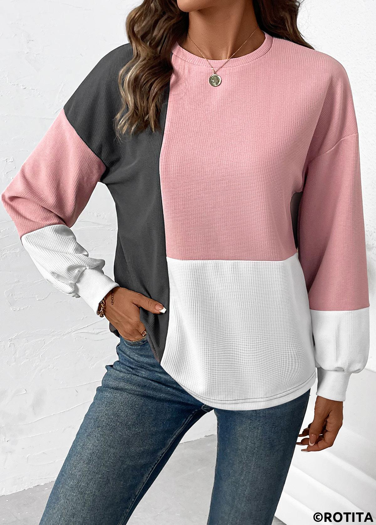 Rotita-Patchwork-Sweatshirt in Hellrosa mit Rundhalsausschnitt und langen Ärmeln