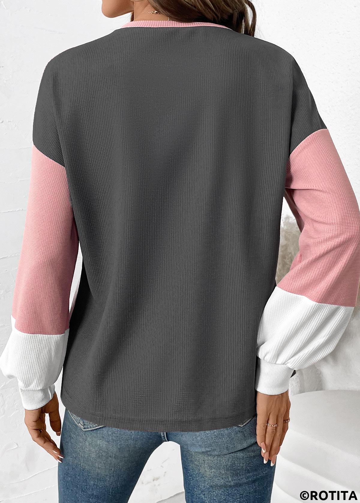 Rotita-Patchwork-Sweatshirt in Hellrosa mit Rundhalsausschnitt und langen Ärmeln