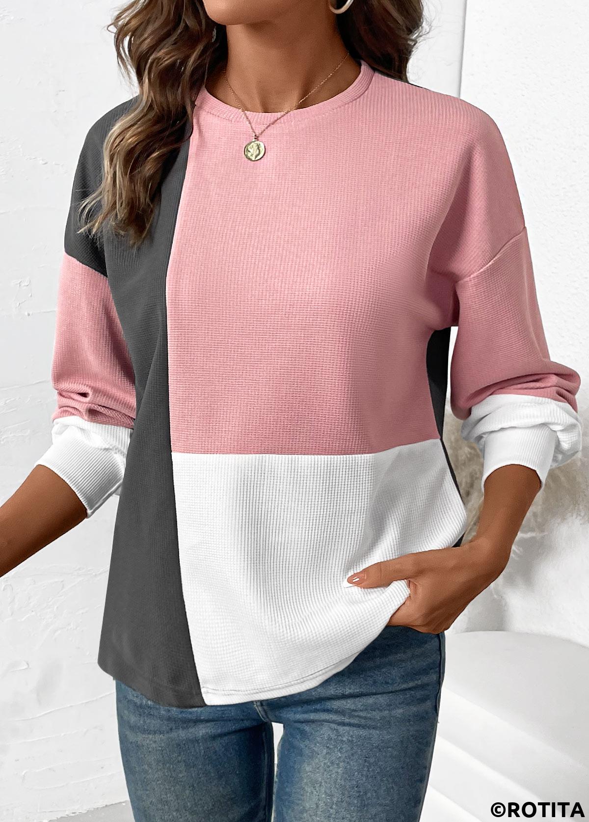 Rotita-Patchwork-Sweatshirt in Hellrosa mit Rundhalsausschnitt und langen Ärmeln