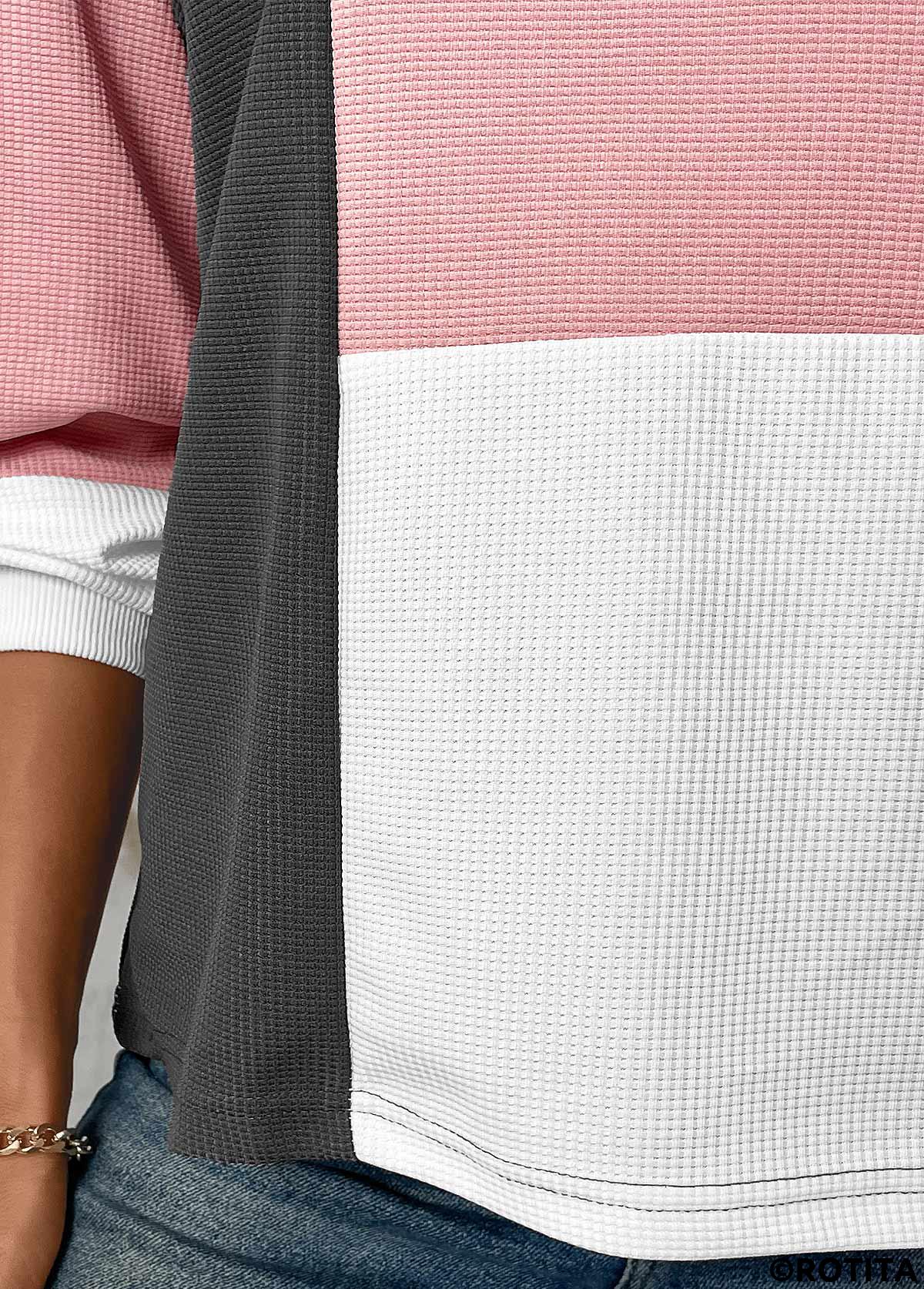 Rotita-Patchwork-Sweatshirt in Hellrosa mit Rundhalsausschnitt und langen Ärmeln