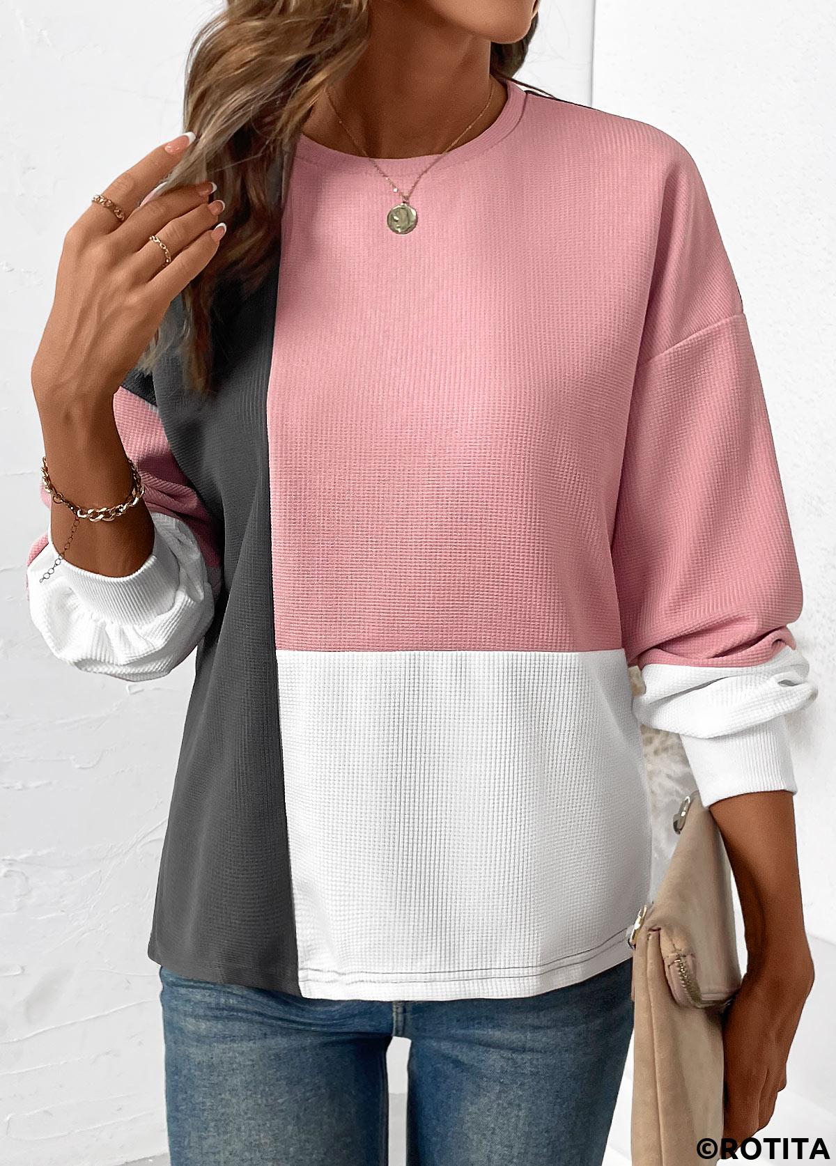 Rotita-Patchwork-Sweatshirt in Hellrosa mit Rundhalsausschnitt und langen Ärmeln