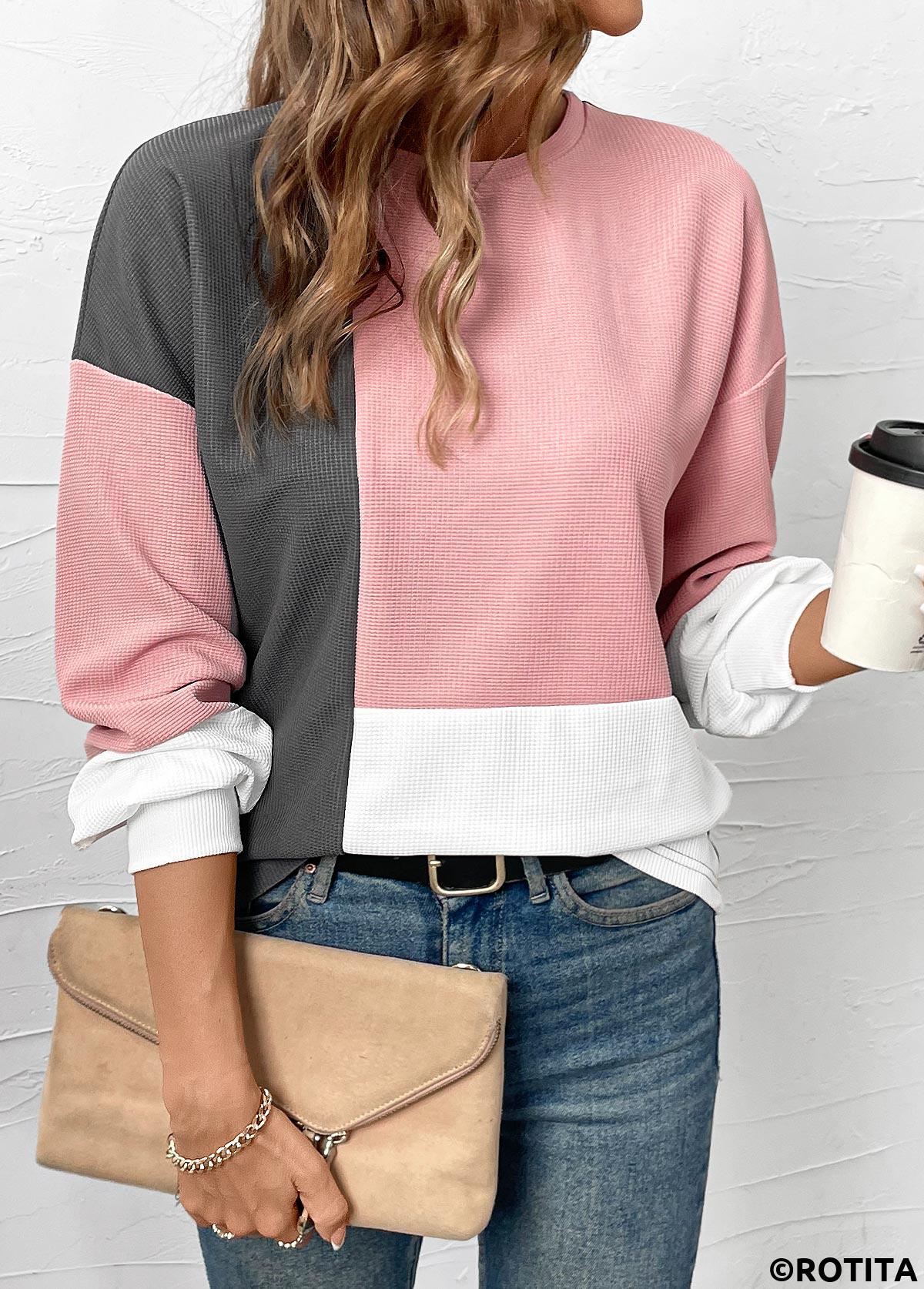 Rotita-Patchwork-Sweatshirt in Hellrosa mit Rundhalsausschnitt und langen Ärmeln