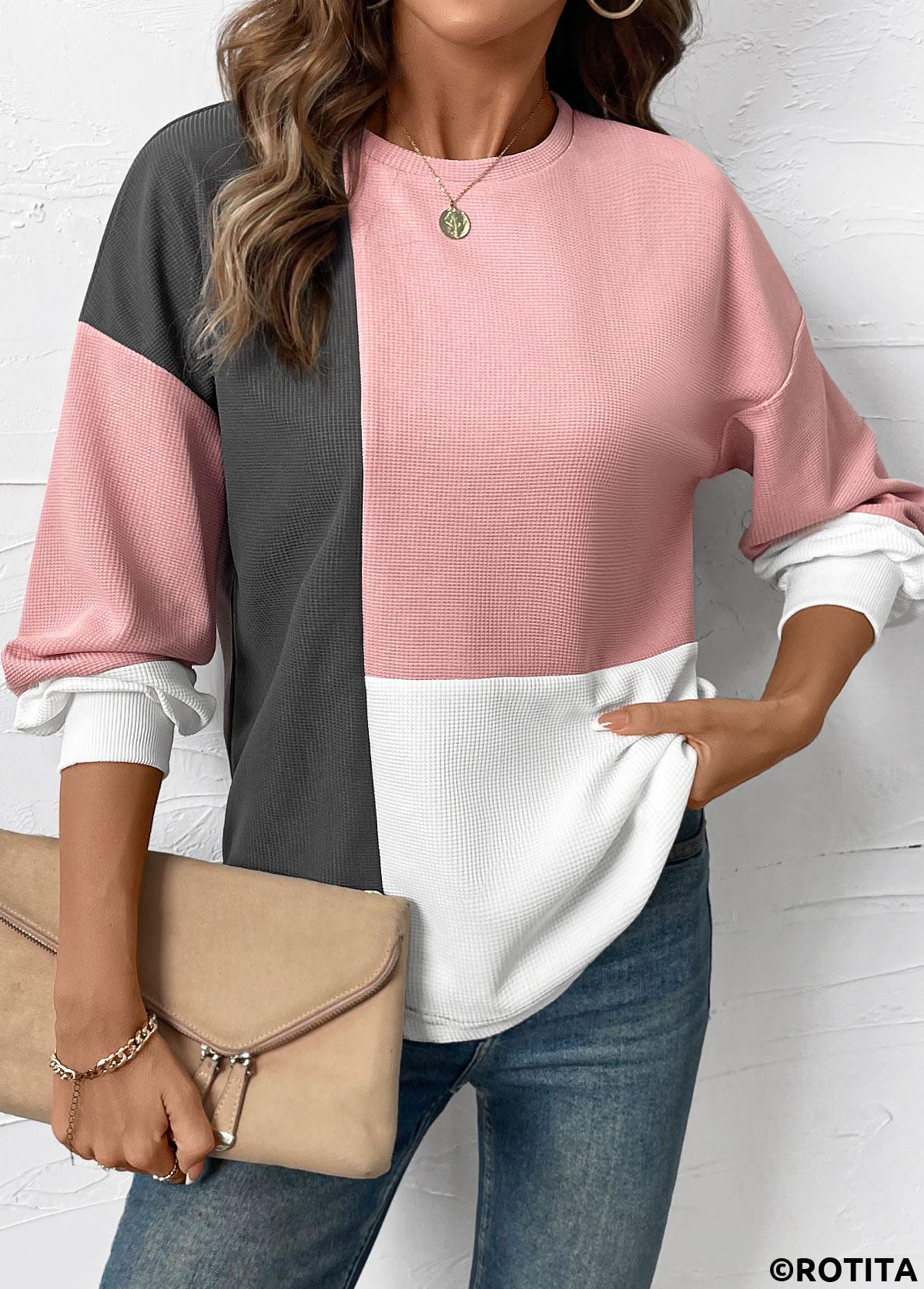 Rotita-Patchwork-Sweatshirt in Hellrosa mit Rundhalsausschnitt und langen Ärmeln