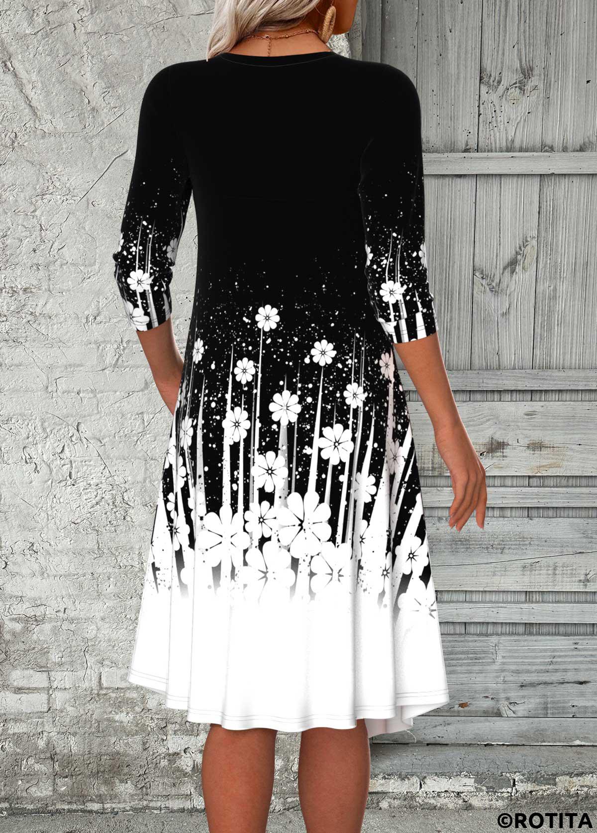 Black dresses,White dresses,Floral dresses,Plants dresses,Dot dresses,Ombre dresses,Everyday dresses,Casual dresses,ROTITA Fake 2in1 Floral Print Black A Line Dress