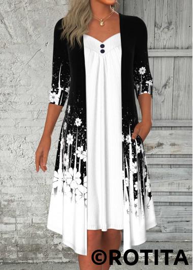 Black dresses,White dresses,Floral dresses,Plants dresses,Dot dresses,Ombre dresses,Everyday dresses,Casual dresses,ROTITA Fake 2in1 Floral Print Black A Line Dress