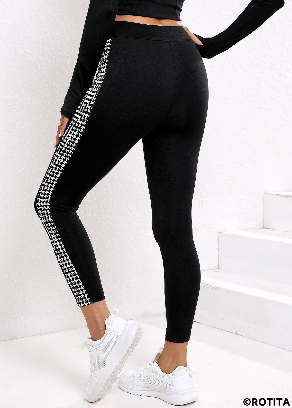 Black bottoms,Geometric bottoms,Geometric Black High Waisted Elastic Waist Ankle Length Leggings