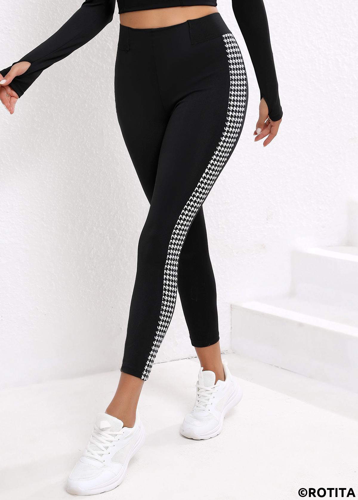 Black bottoms,Geometric bottoms,Geometric Black High Waisted Elastic Waist Ankle Length Leggings