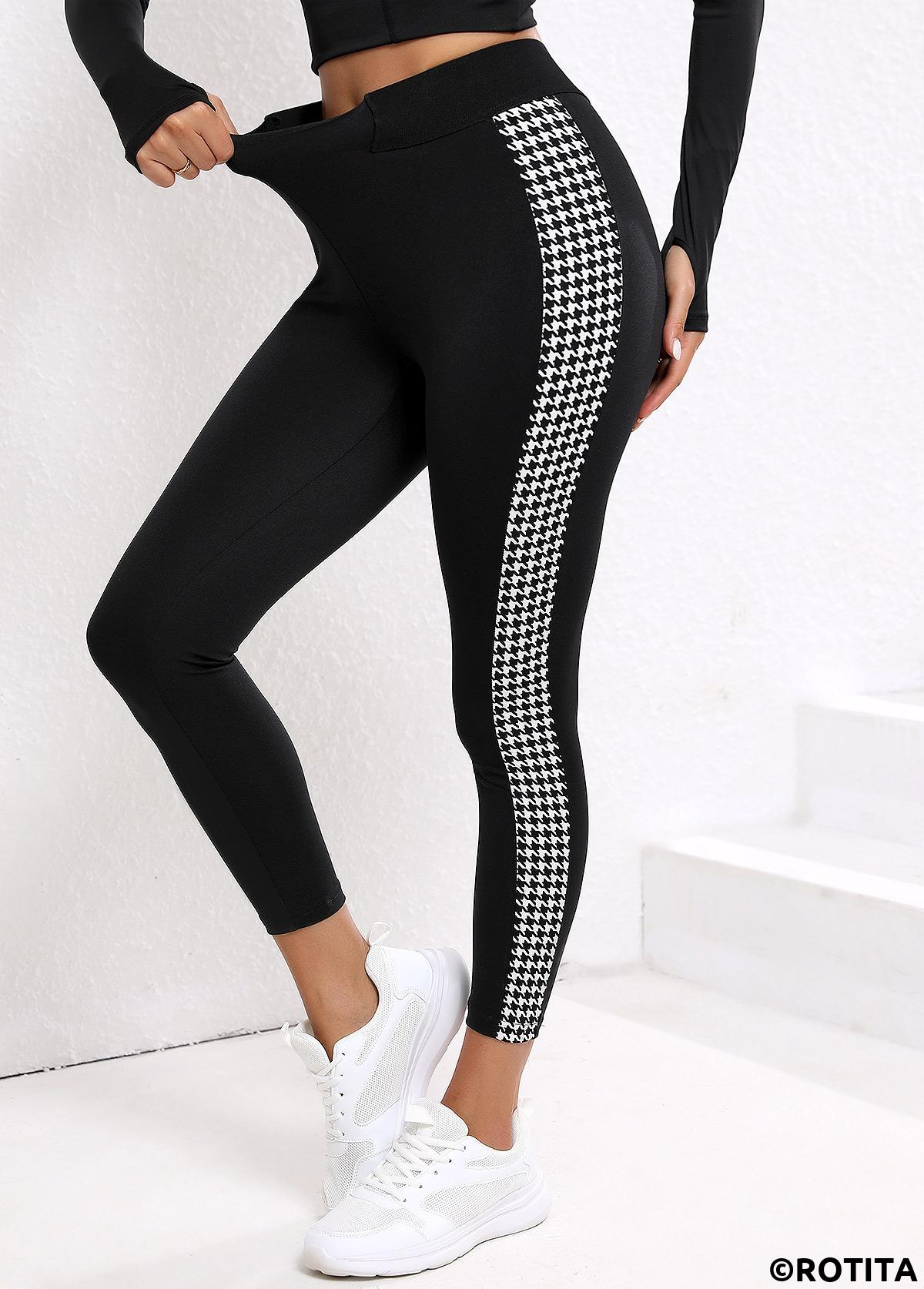 Black bottoms,Geometric bottoms,Geometric Black High Waisted Elastic Waist Ankle Length Leggings