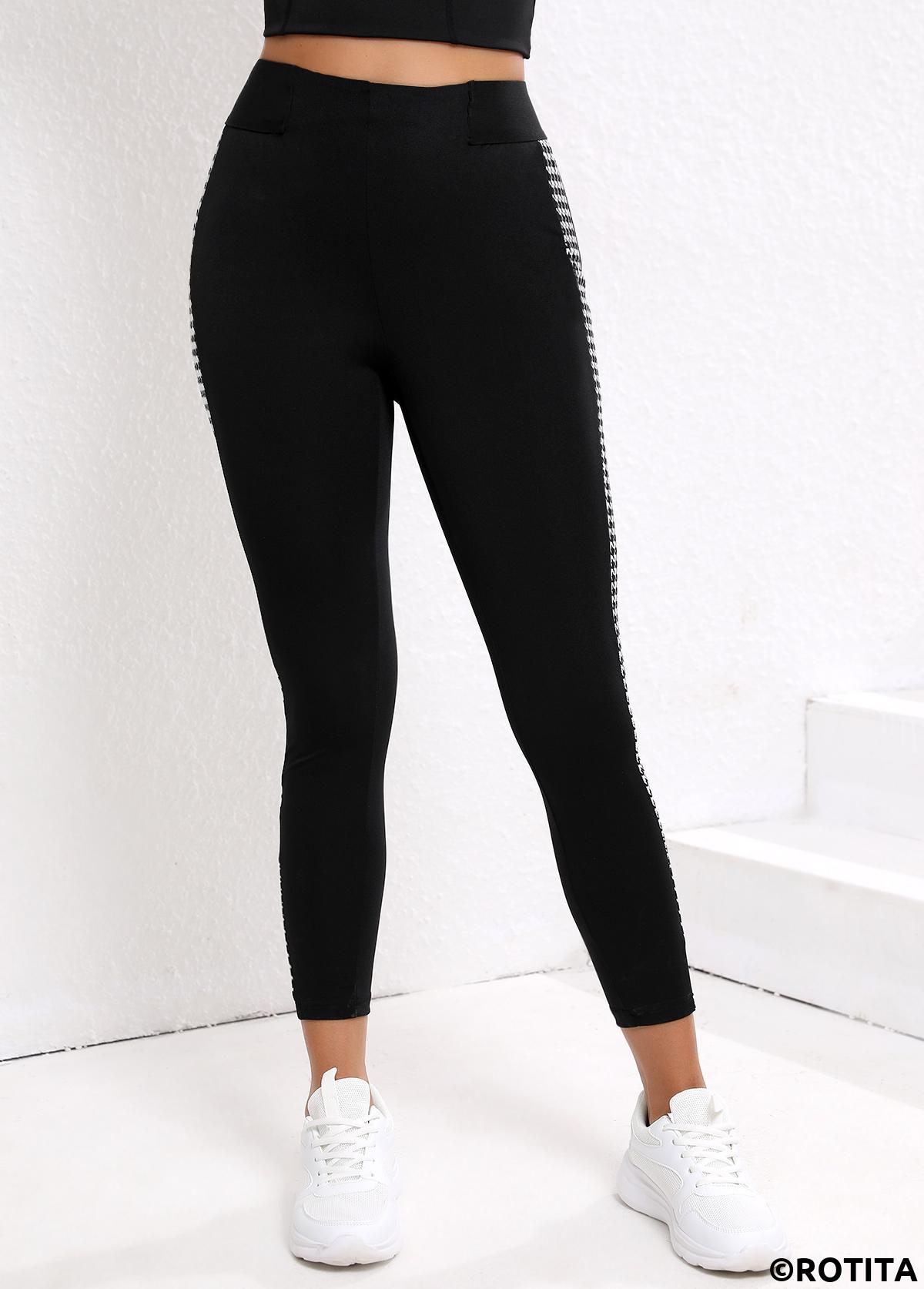 Black bottoms,Geometric bottoms,Geometric Black High Waisted Elastic Waist Ankle Length Leggings