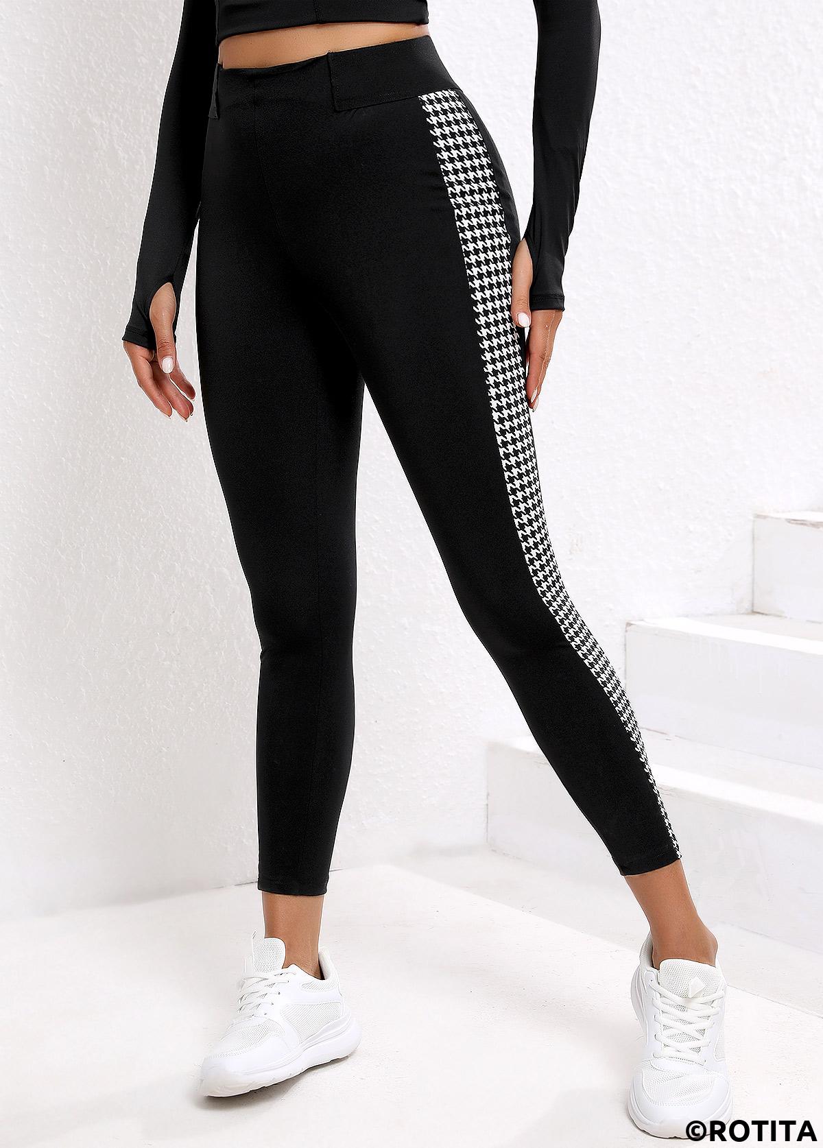Black bottoms,Geometric bottoms,Geometric Black High Waisted Elastic Waist Ankle Length Leggings