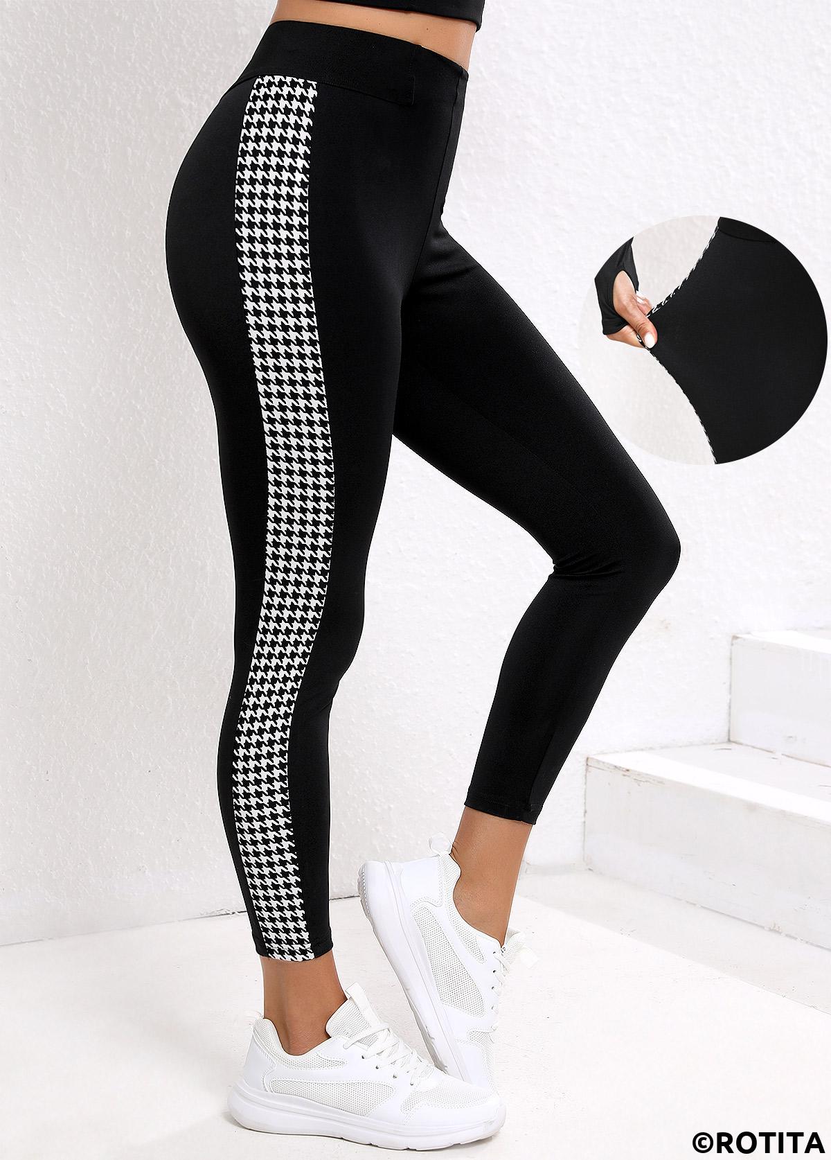 Black bottoms,Geometric bottoms,Geometric Black High Waisted Elastic Waist Ankle Length Leggings