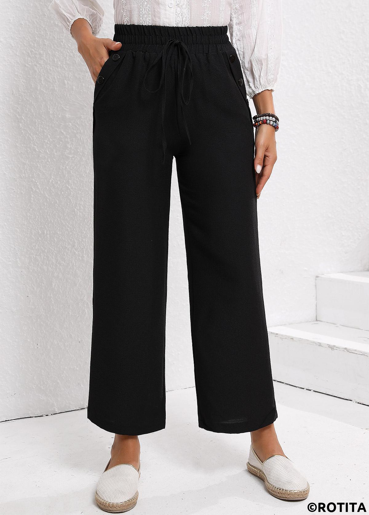 Black bottoms,Plain Color bottoms,Drawstring Black Elastic Waist High Waisted Pants