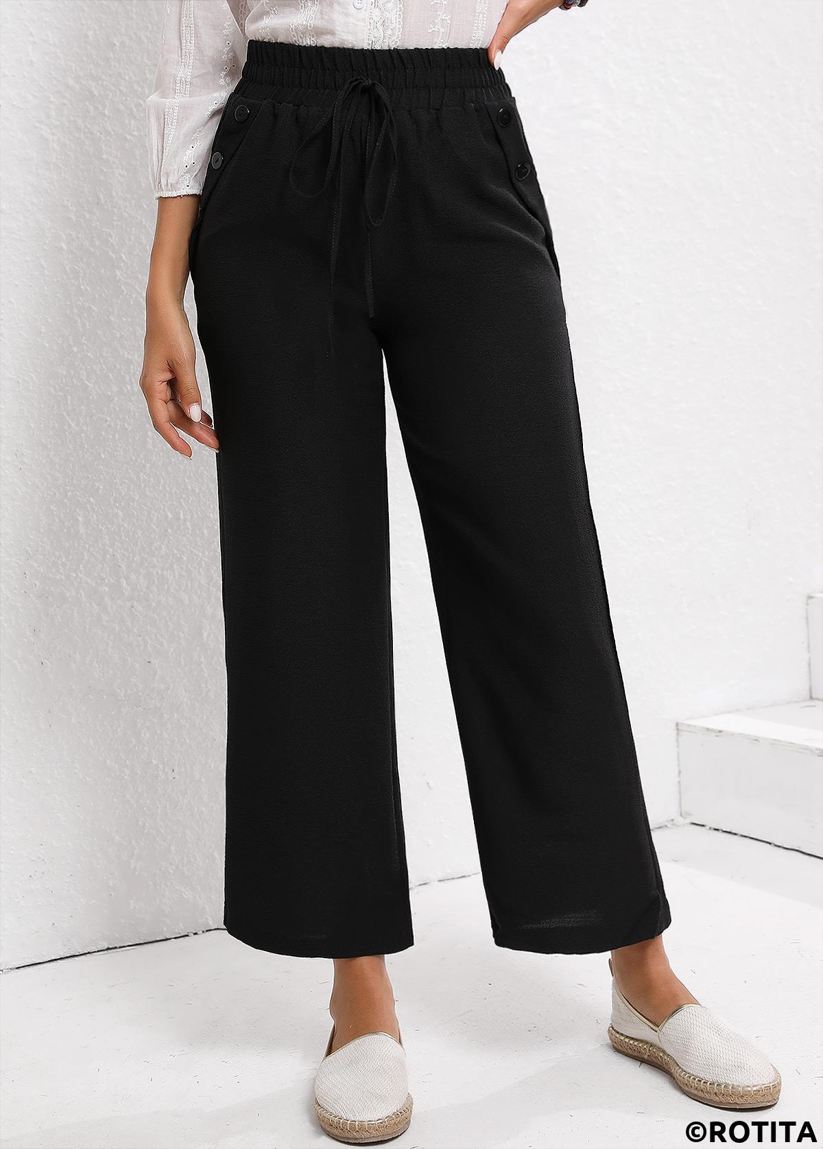 Black bottoms,Plain Color bottoms,Drawstring Black Elastic Waist High Waisted Pants