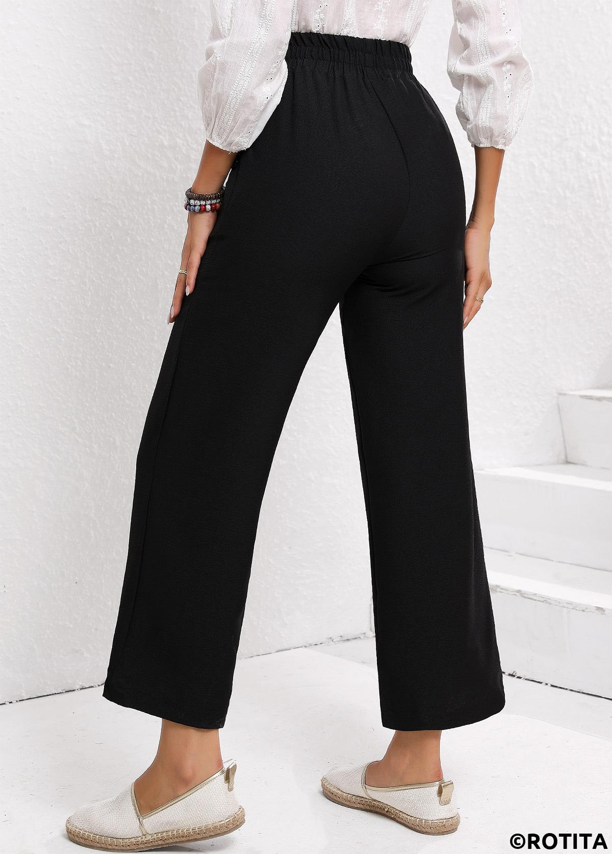 Black bottoms,Plain Color bottoms,Drawstring Black Elastic Waist High Waisted Pants