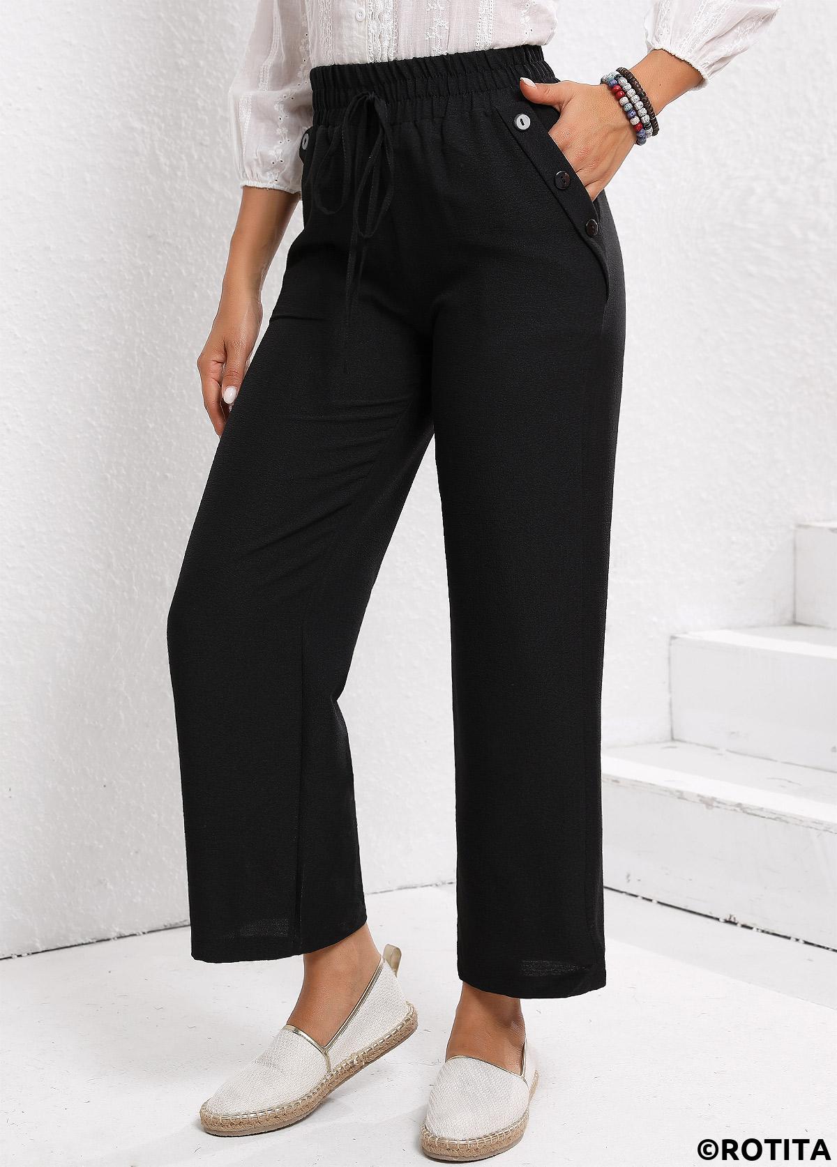 Black bottoms,Plain Color bottoms,Drawstring Black Elastic Waist High Waisted Pants