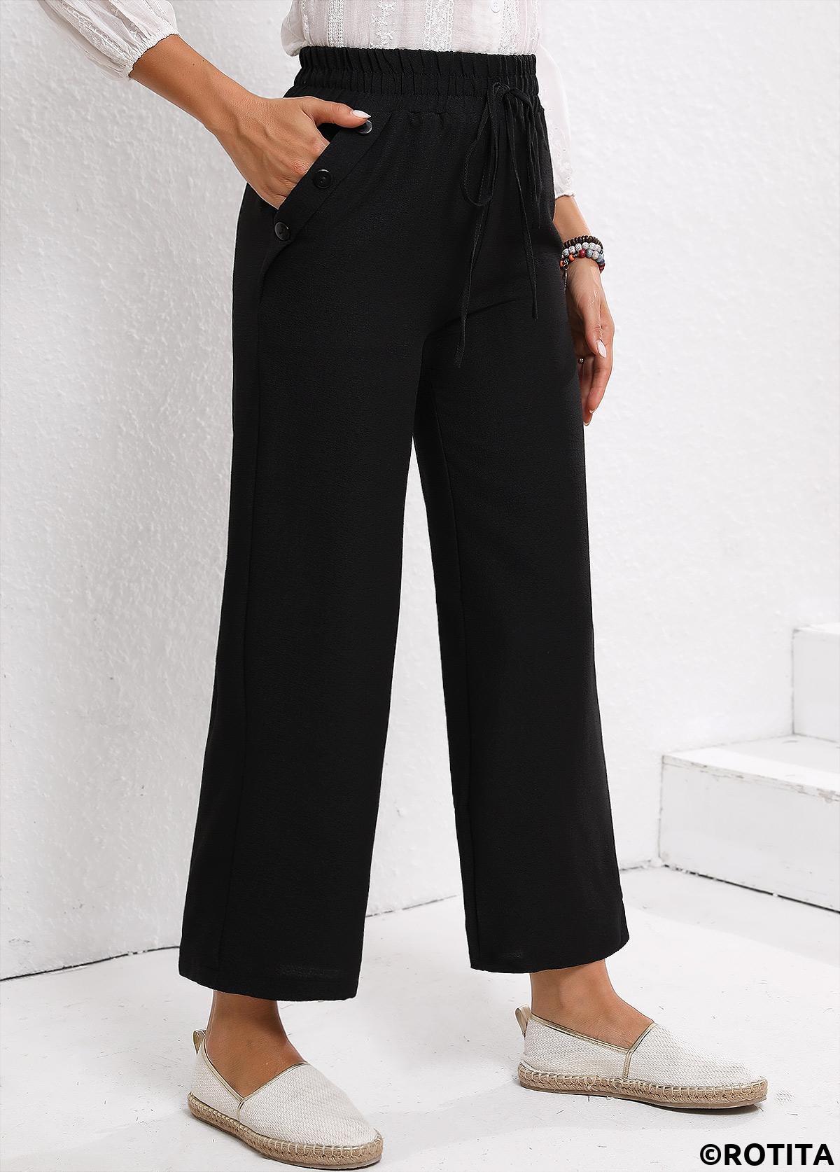 Black bottoms,Plain Color bottoms,Drawstring Black Elastic Waist High Waisted Pants