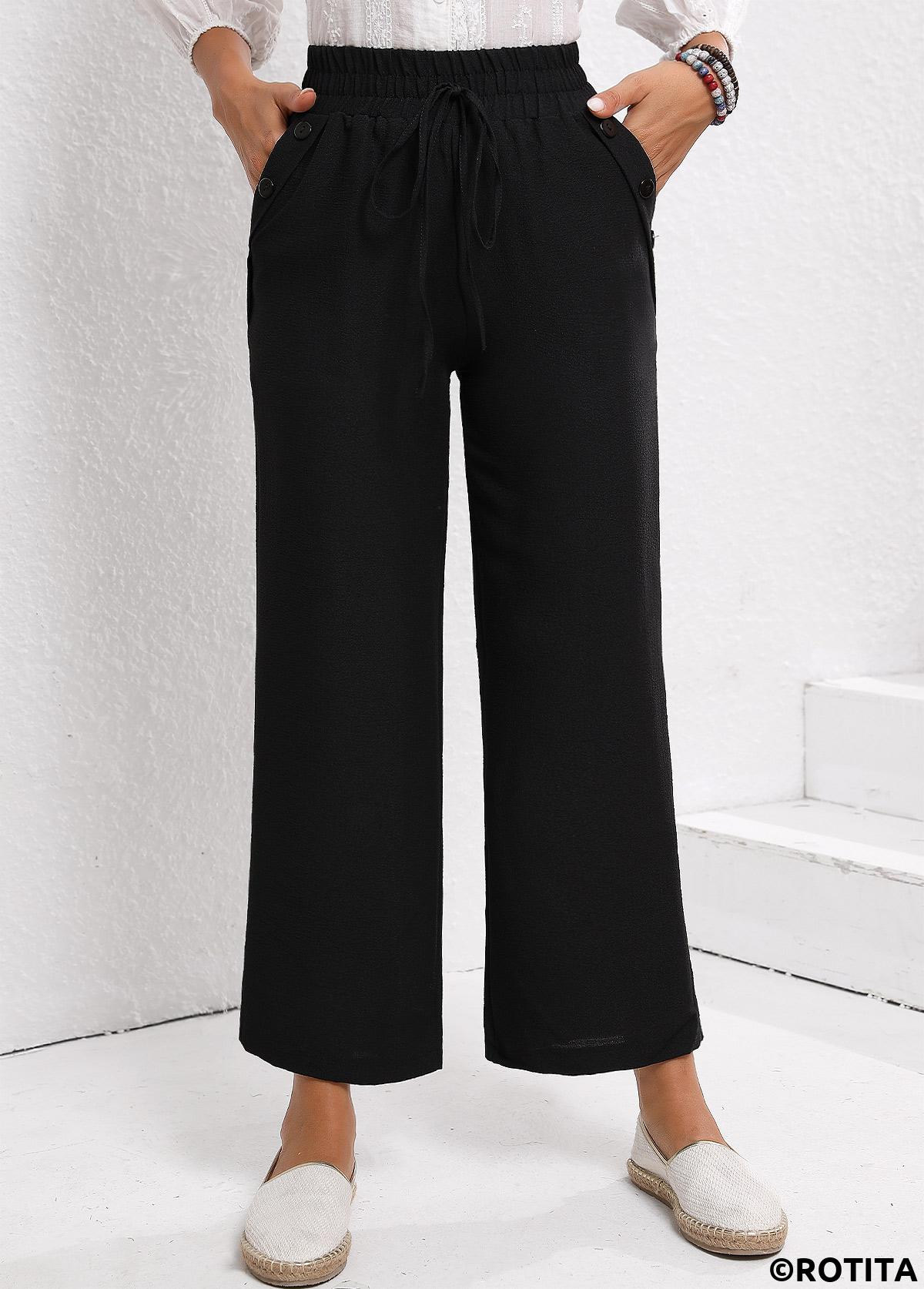Black bottoms,Plain Color bottoms,Drawstring Black Elastic Waist High Waisted Pants