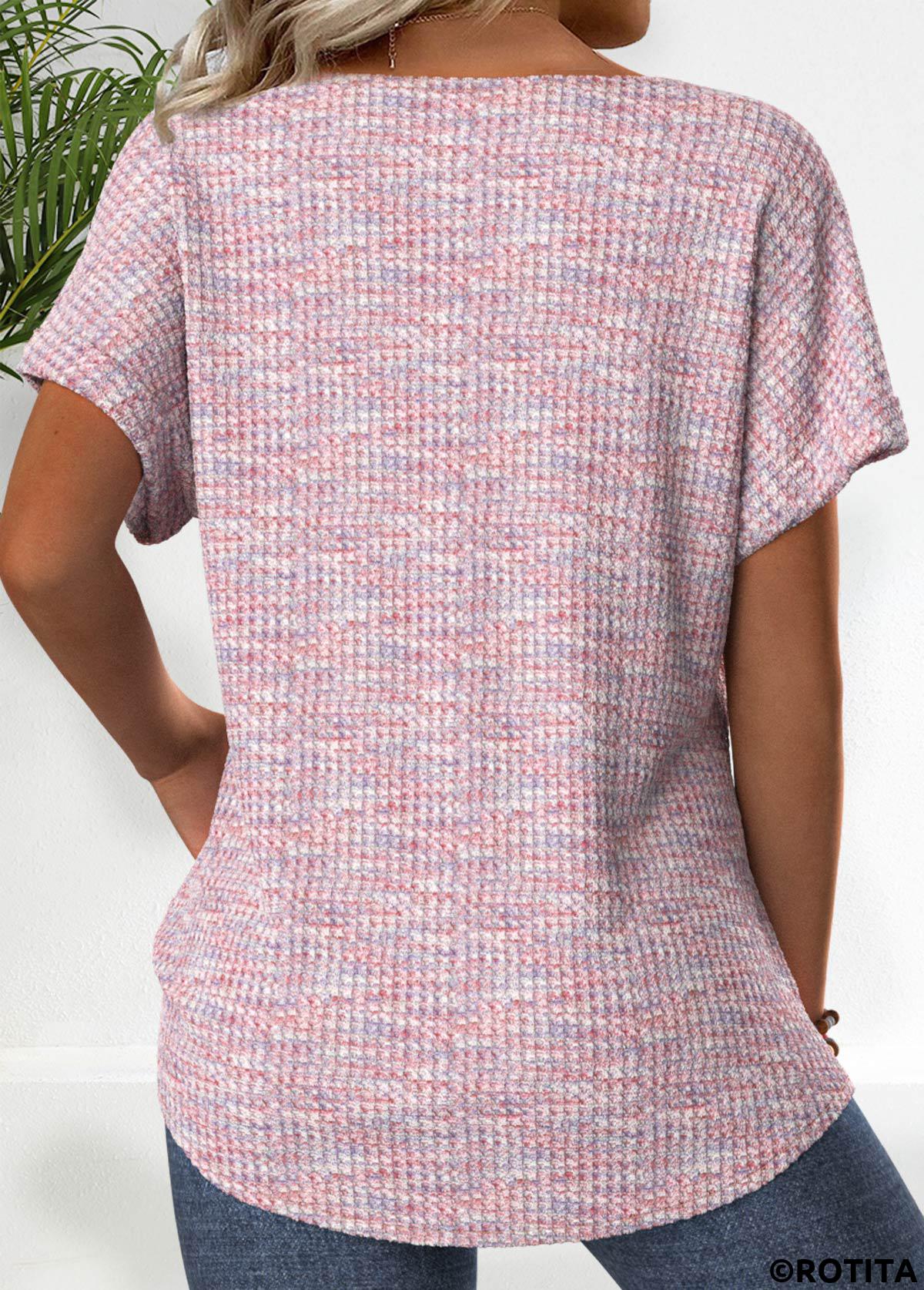 Pink tops,Plain Color tops,ROTITA Embroidery Pink V Neck Short Sleeve T Shirt