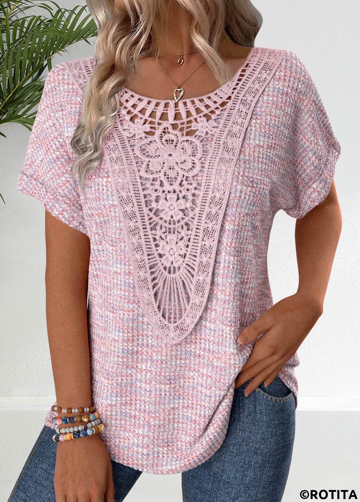 Pink tops,Plain Color tops,ROTITA Embroidery Pink V Neck Short Sleeve T Shirt