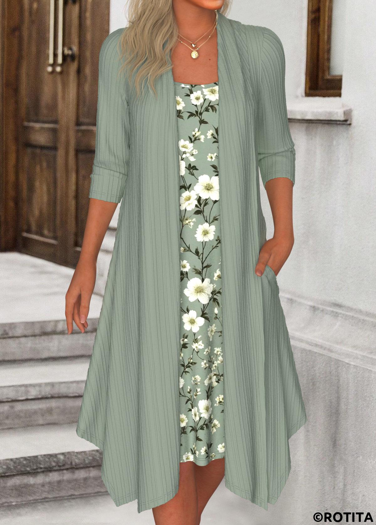 Sage Green dresses,Floral dresses,Plants dresses,Everyday dresses,Casual dresses,ROTITA Fake 2in1 Floral Print Sage Green A Line Dress