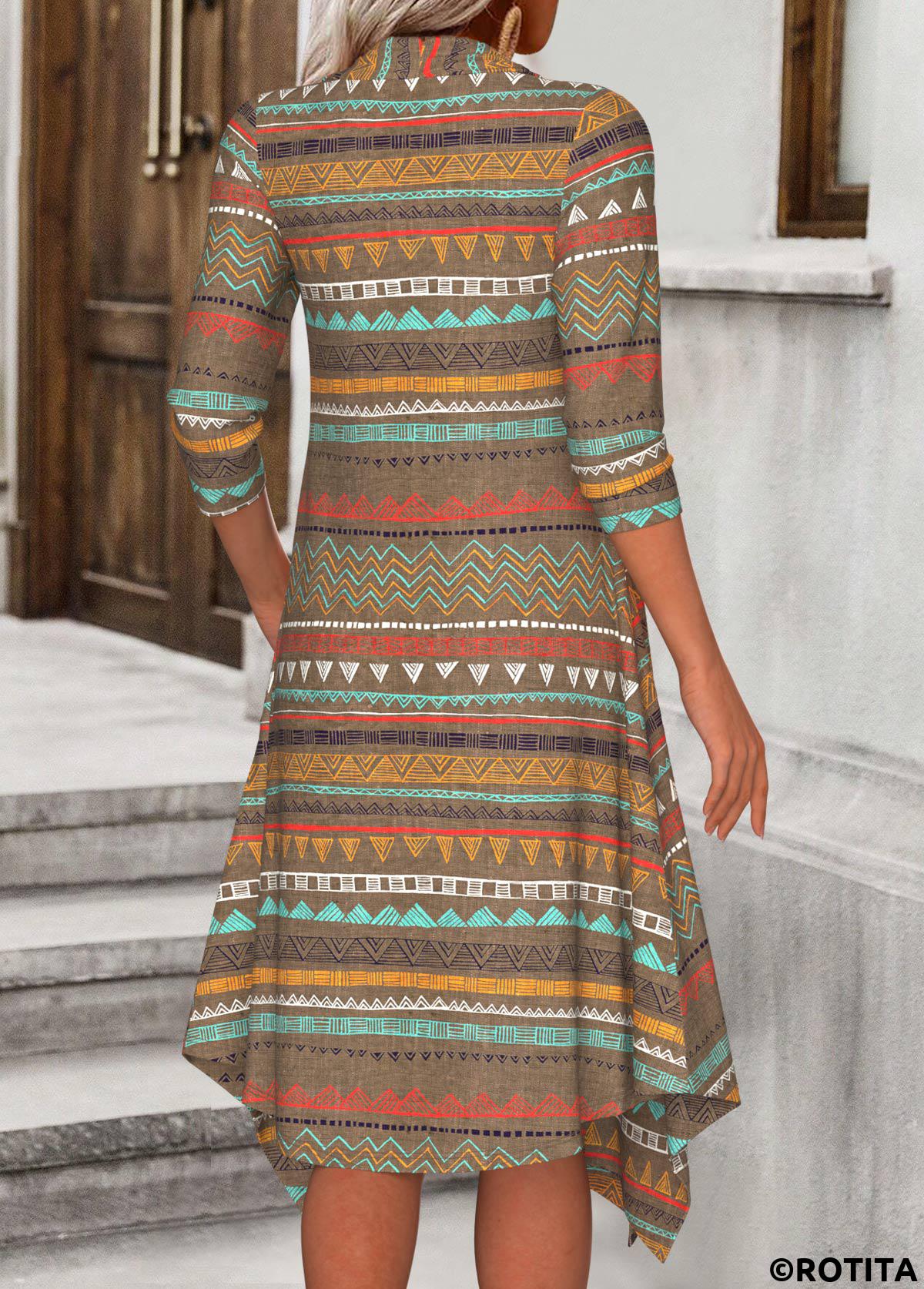 Dark Camel dresses,Tribal dresses,Chevron dresses,Everyday dresses,Casual dresses,ROTITA Fake 2in1 Tribal Print Dark Camel A Line Dress