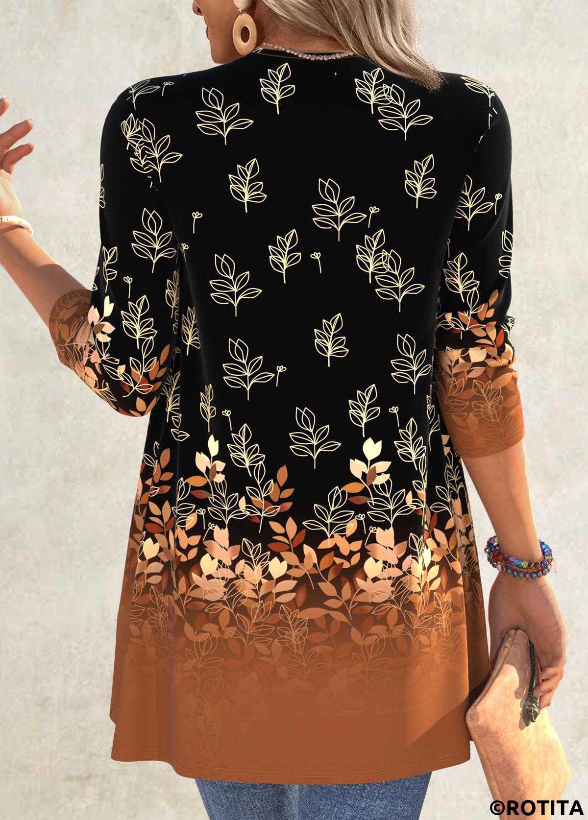 Black plus size,Plants plus size,Ombre plus size,ROTITA Plus Size Ruffle Black Leaf Print Light Cardigan