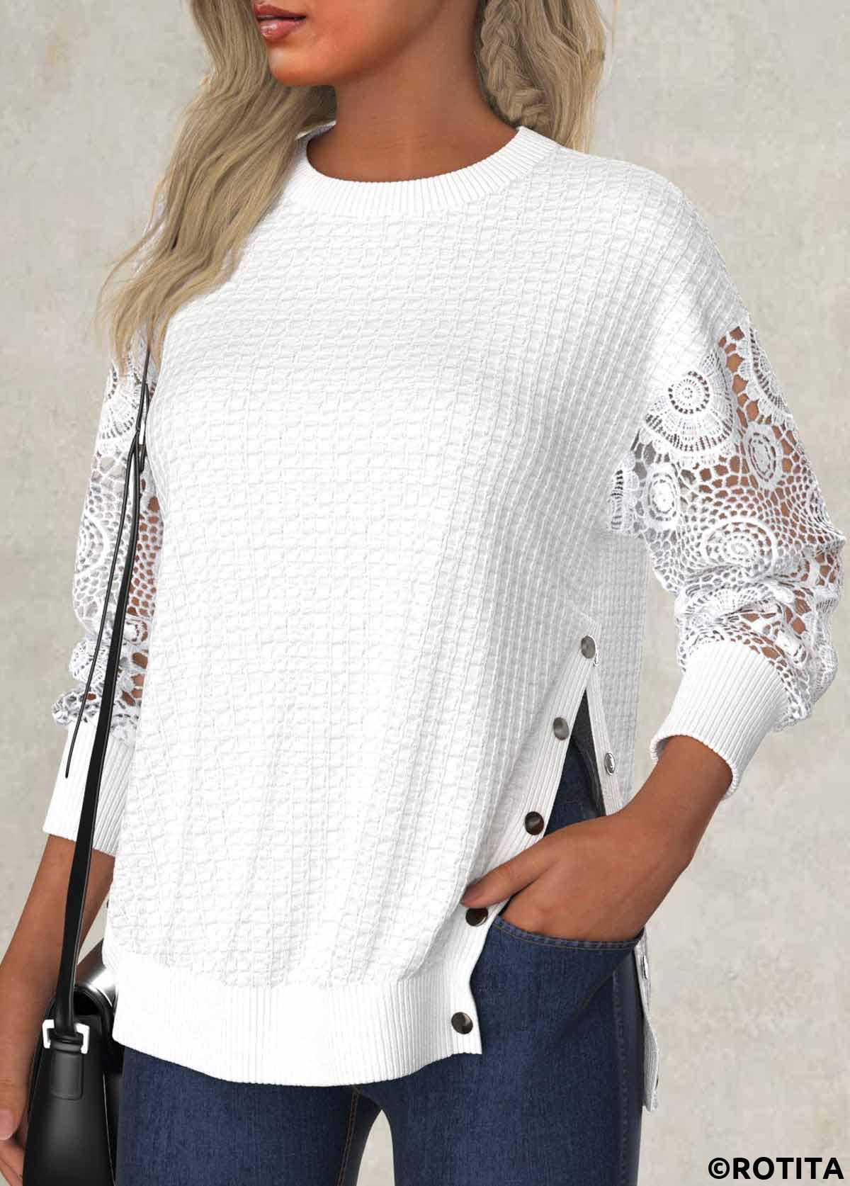 sweat-shirt blanc à manches longues et col rond avec broderie rotita