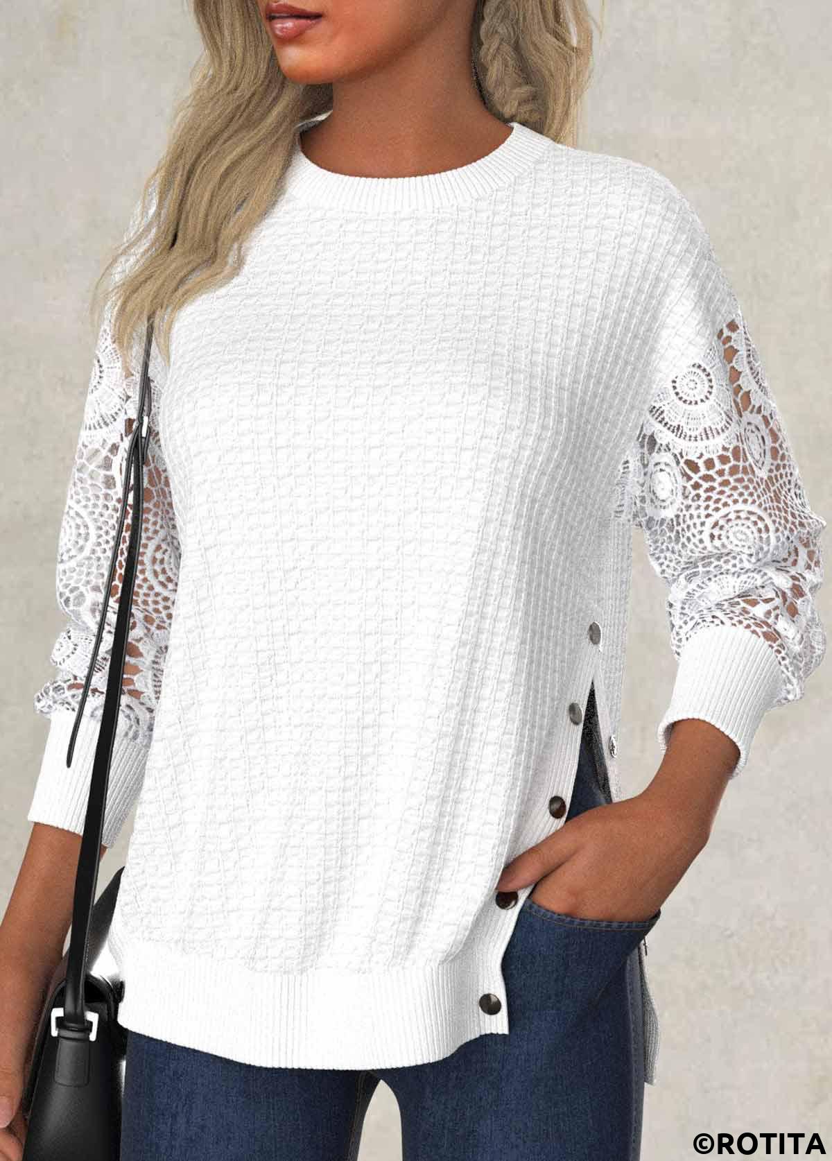 sweat-shirt blanc à manches longues et col rond avec broderie rotita