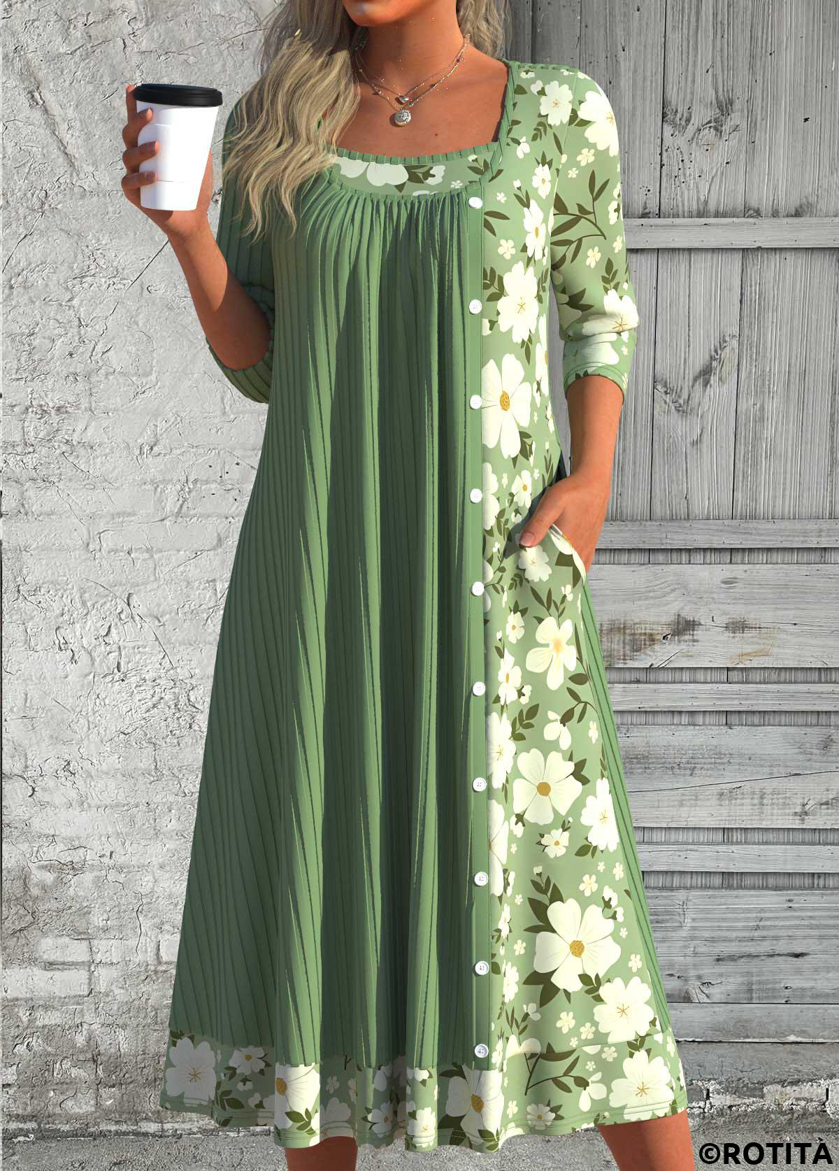 Green dresses,Floral dresses,Plants dresses,Everyday dresses,Casual dresses,ROTITA Patchwork Floral Print Green Scoop Neck Long Sleeve Dress