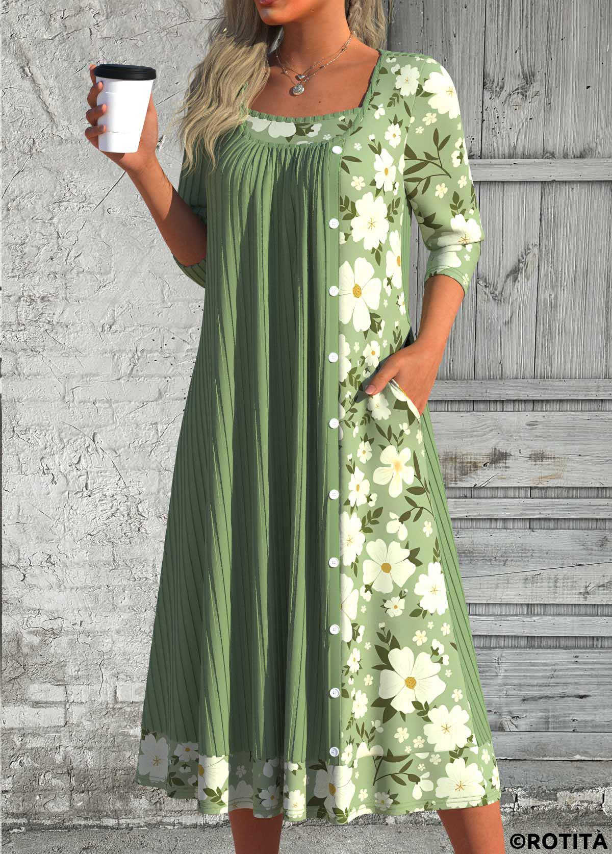 Green dresses,Floral dresses,Plants dresses,Everyday dresses,Casual dresses,ROTITA Patchwork Floral Print Green Scoop Neck Long Sleeve Dress