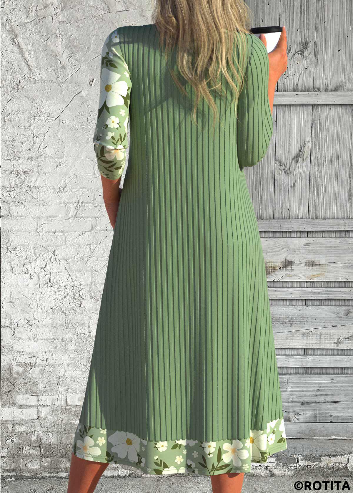 Green dresses,Floral dresses,Plants dresses,Everyday dresses,Casual dresses,ROTITA Patchwork Floral Print Green Scoop Neck Long Sleeve Dress