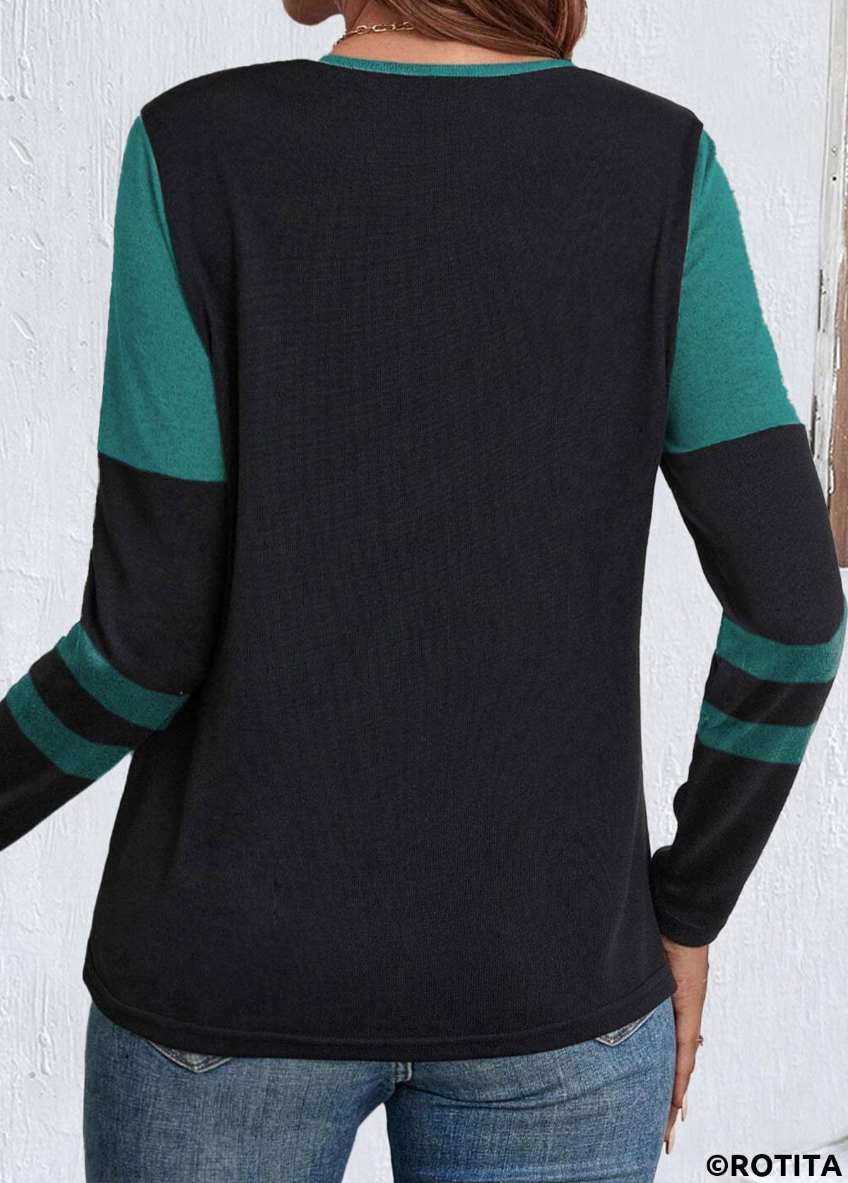 Rotita Patchwork-Langarm-T-Shirt in Schwarz mit geteiltem Ausschnitt