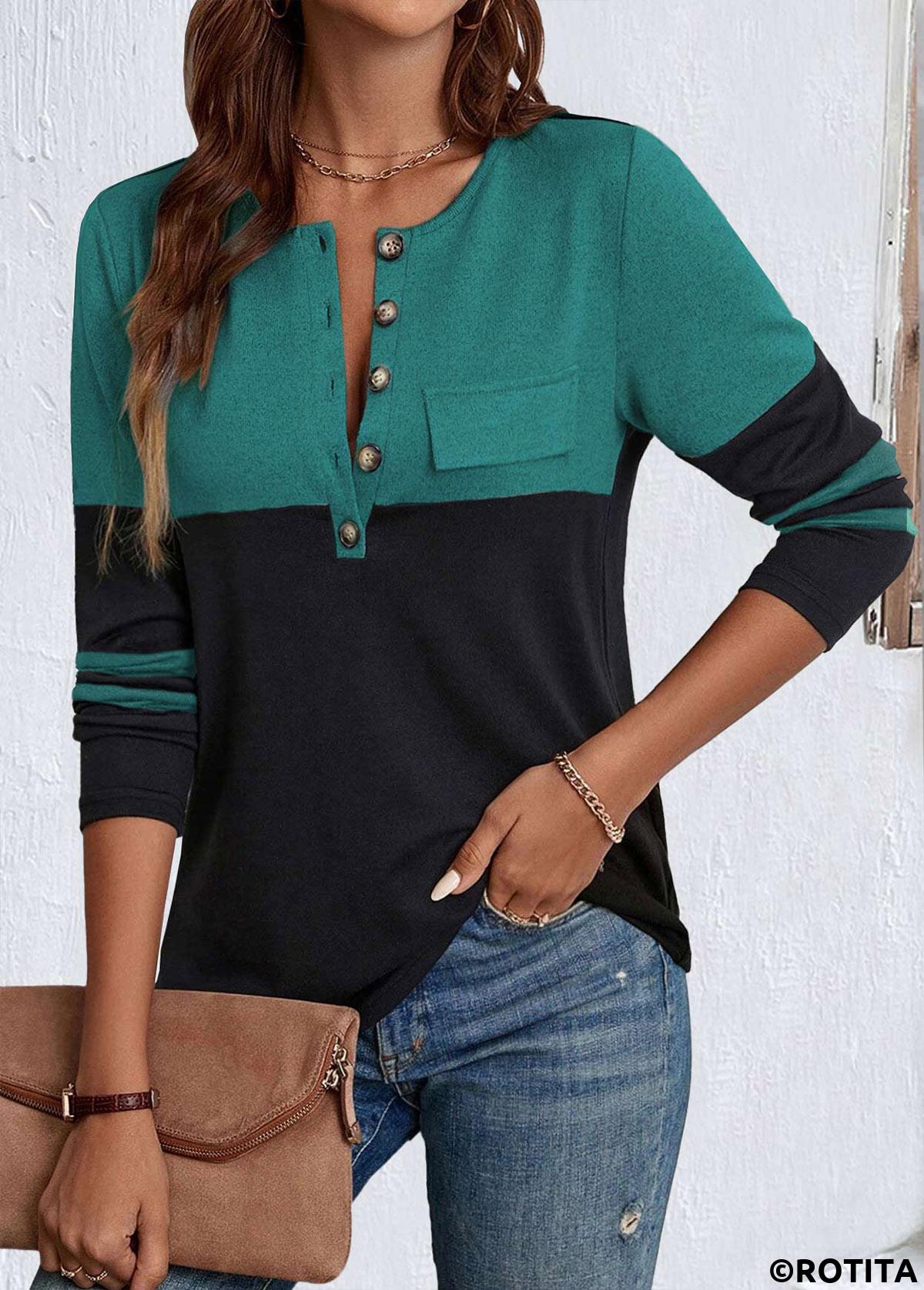 Rotita Patchwork-Langarm-T-Shirt in Schwarz mit geteiltem Ausschnitt