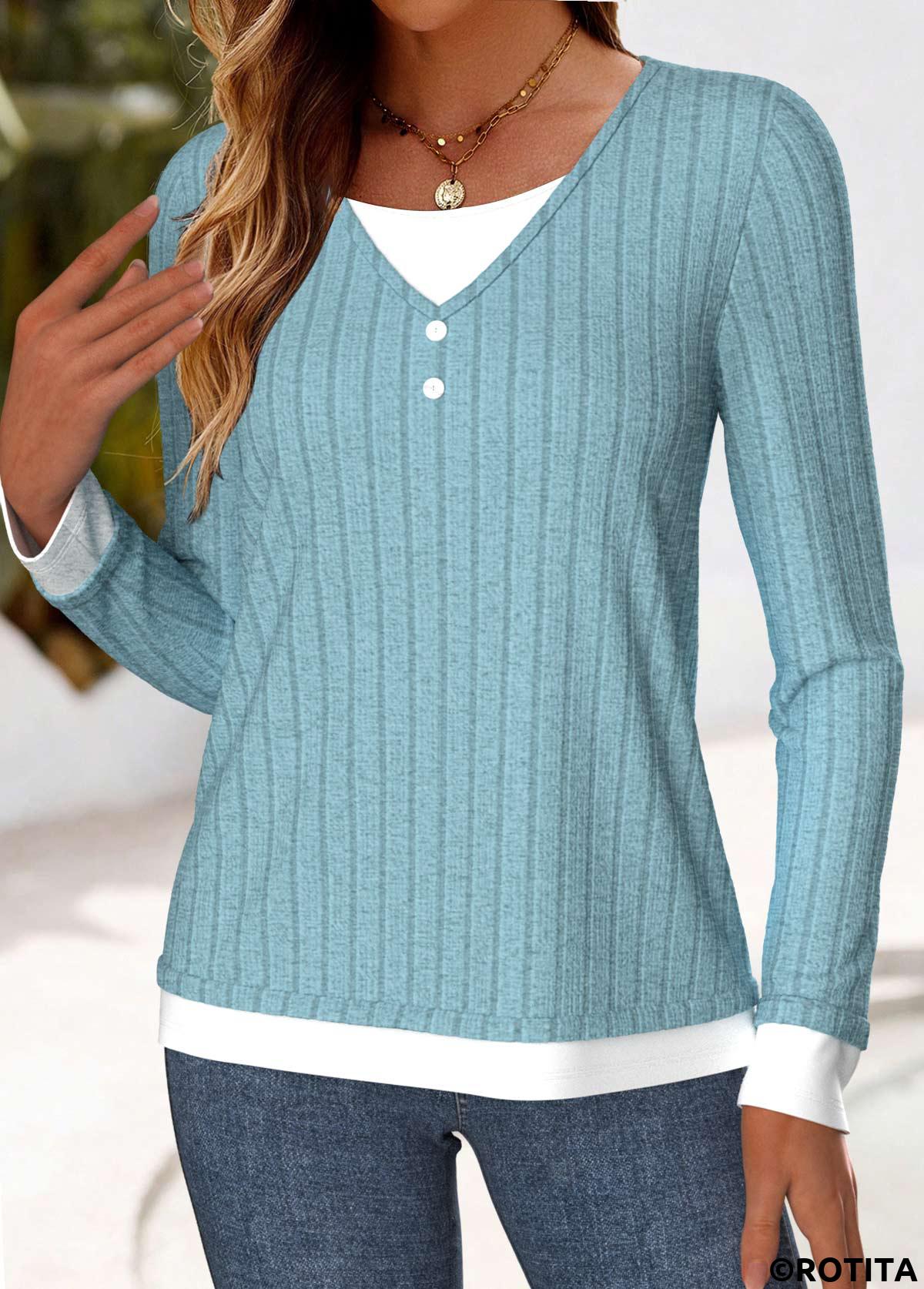 Dusty Blue tops,Contrast Color tops,ROTITA Patchwork Light Blue Round Neck Long Sleeve Blouse