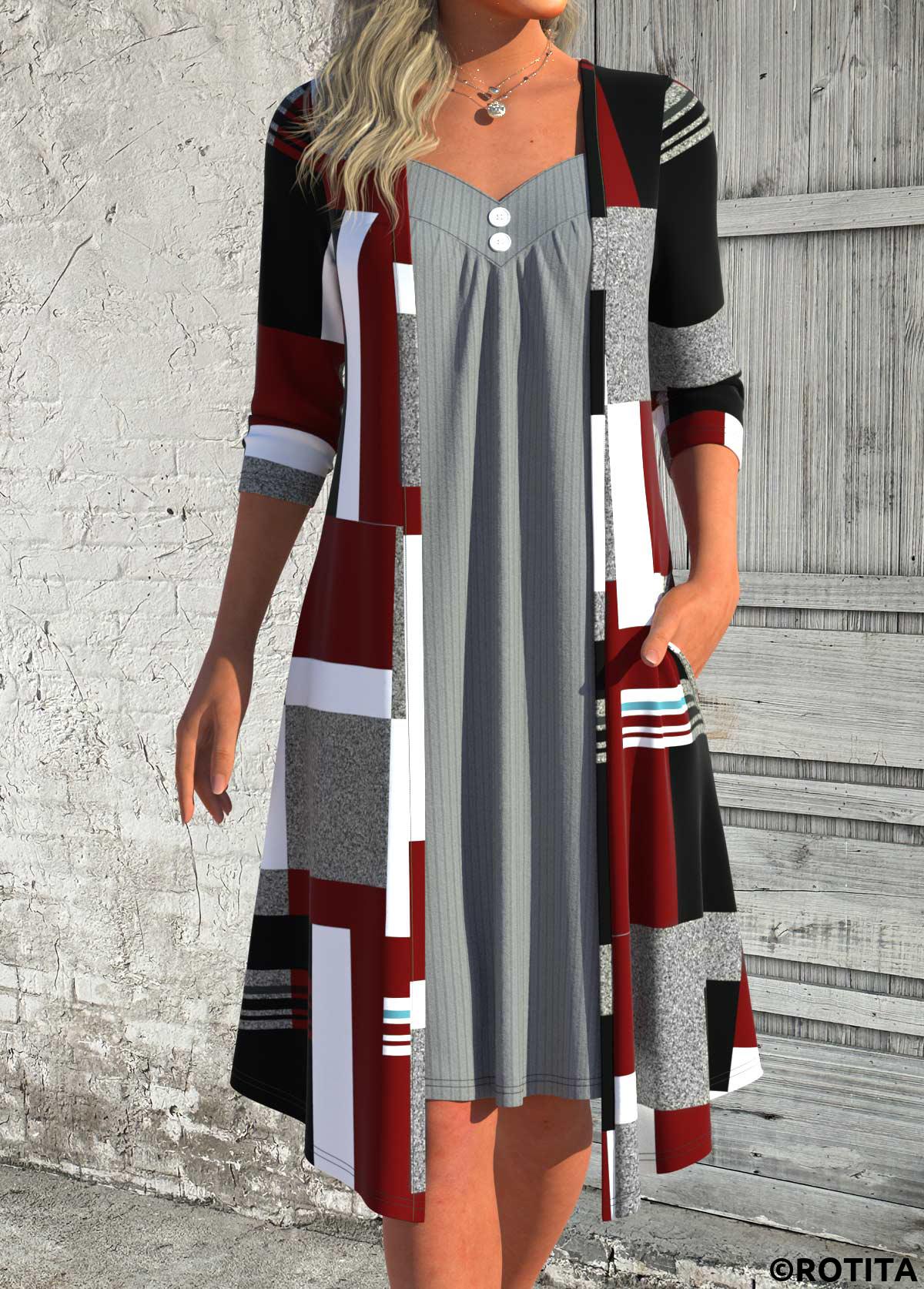 Deep Red dresses,Grey dresses,Geometric dresses,Everyday dresses,Casual dresses,ROTITA Patchwork Geometric Print Deep Red A Line Dress