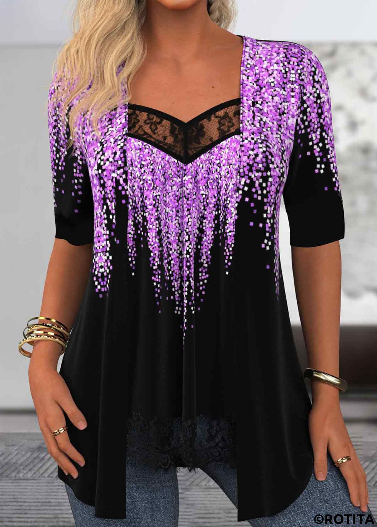 Purple tops,Black tops,Geometric tops,Ombre tops,ROTITA Geometric Print Purple Fake Two Piece Twinset