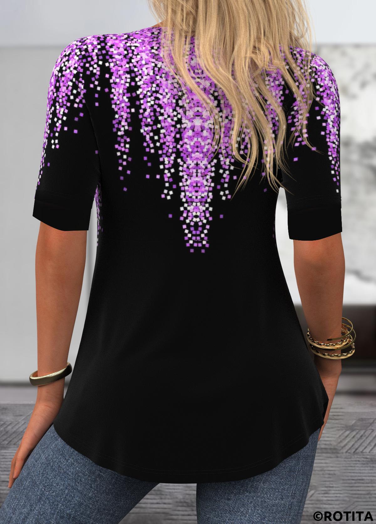 Purple tops,Black tops,Geometric tops,Ombre tops,ROTITA Geometric Print Purple Fake Two Piece Twinset