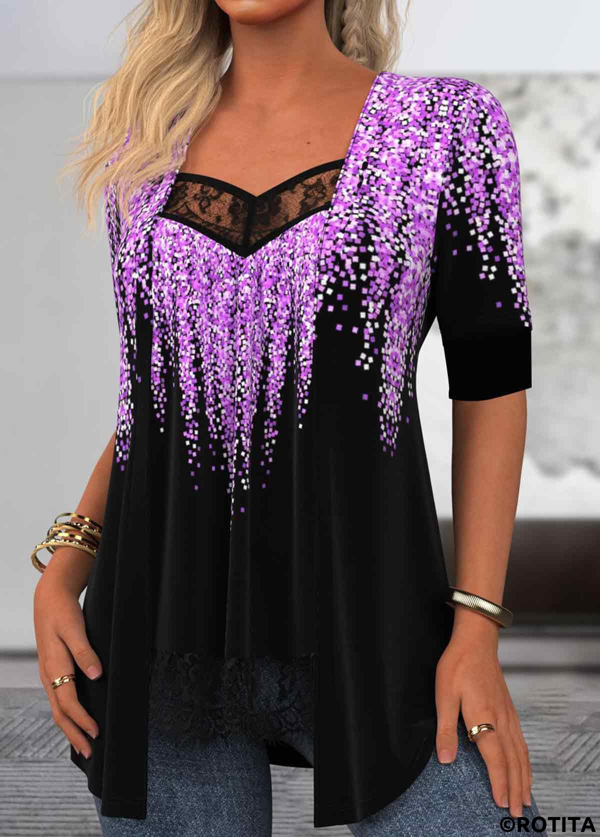Purple tops,Black tops,Geometric tops,Ombre tops,ROTITA Geometric Print Purple Fake Two Piece Twinset