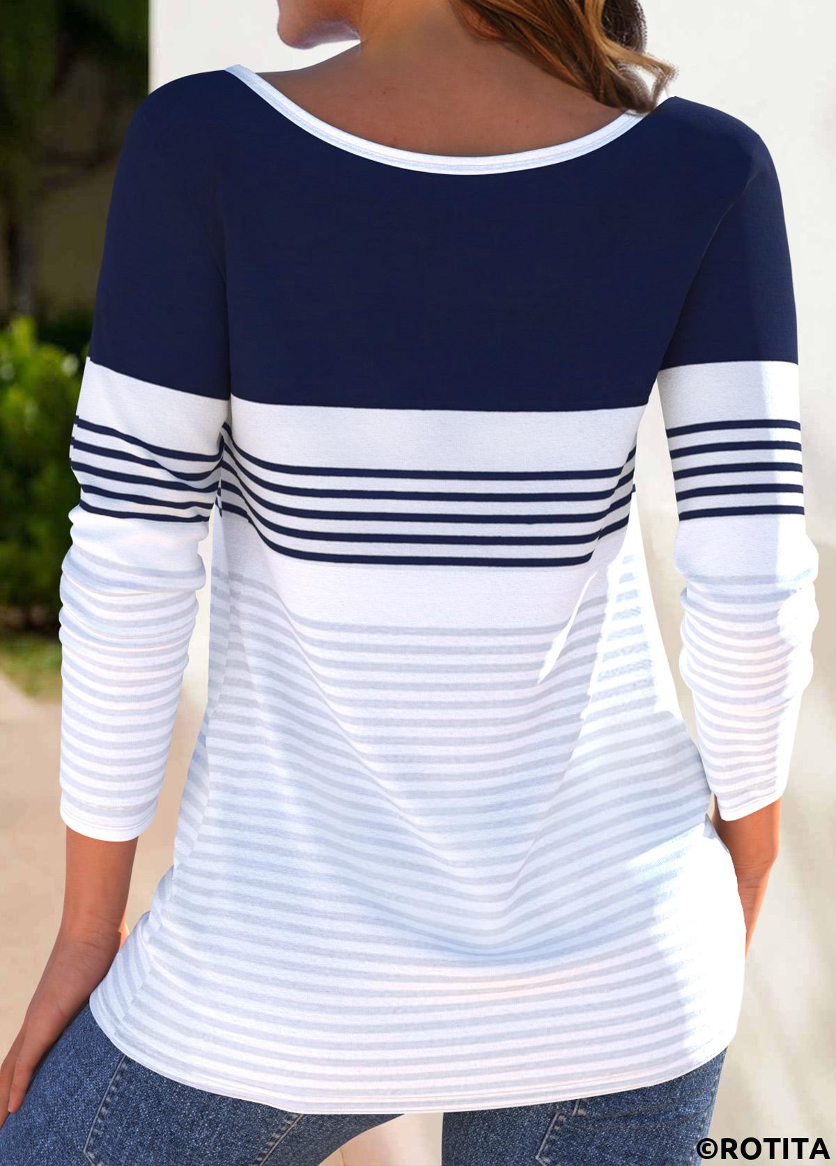 White tops,Striped tops,Geometric tops,ROTITA Button Striped White Boat Neck Long Sleeve T Shirt