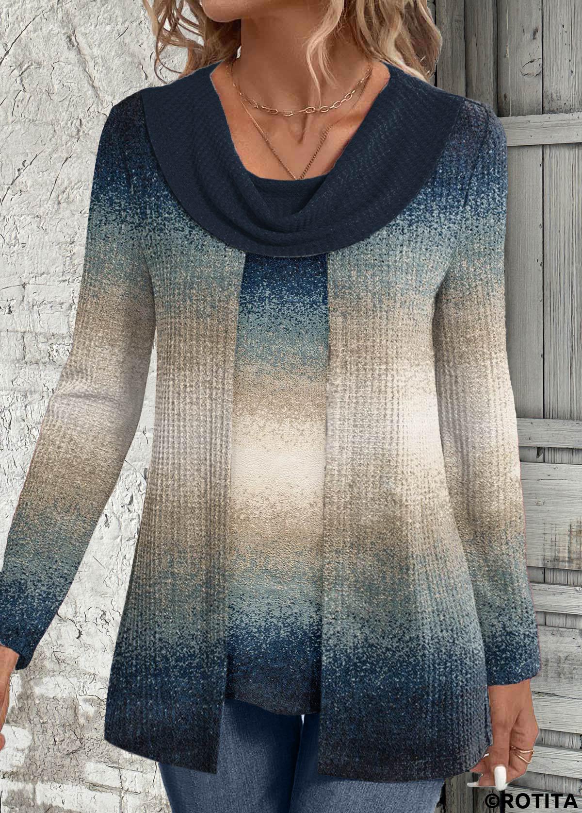 Rotita Fake 2-in-1 Ombre-Sweatshirt mit mehrfarbigem drapiertem Hals