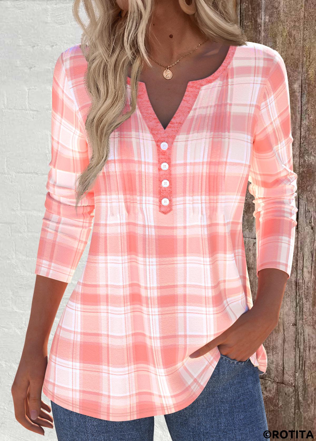 Dusty Pink tops,Plaid tops,Striped tops,Geometric tops,ROTITA Tuck Stitch Plaid Dusty Pink Split Neck T Shirt