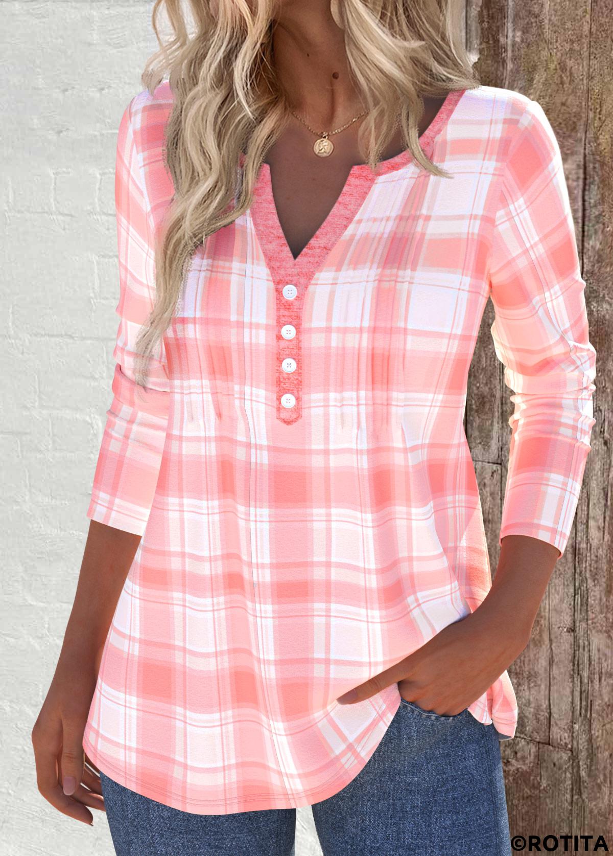 Dusty Pink tops,Plaid tops,Striped tops,Geometric tops,ROTITA Tuck Stitch Plaid Dusty Pink Split Neck T Shirt