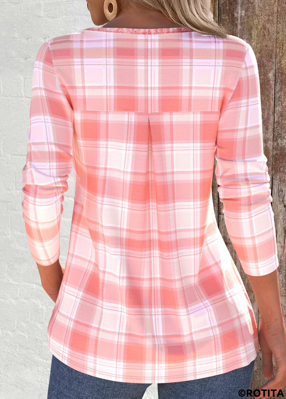 Dusty Pink tops,Plaid tops,Striped tops,Geometric tops,ROTITA Tuck Stitch Plaid Dusty Pink Split Neck T Shirt