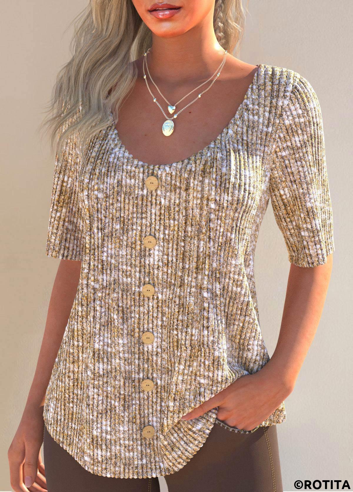 ROTITA Button Ginger Scoop Neck Half Sleeve T Shirt