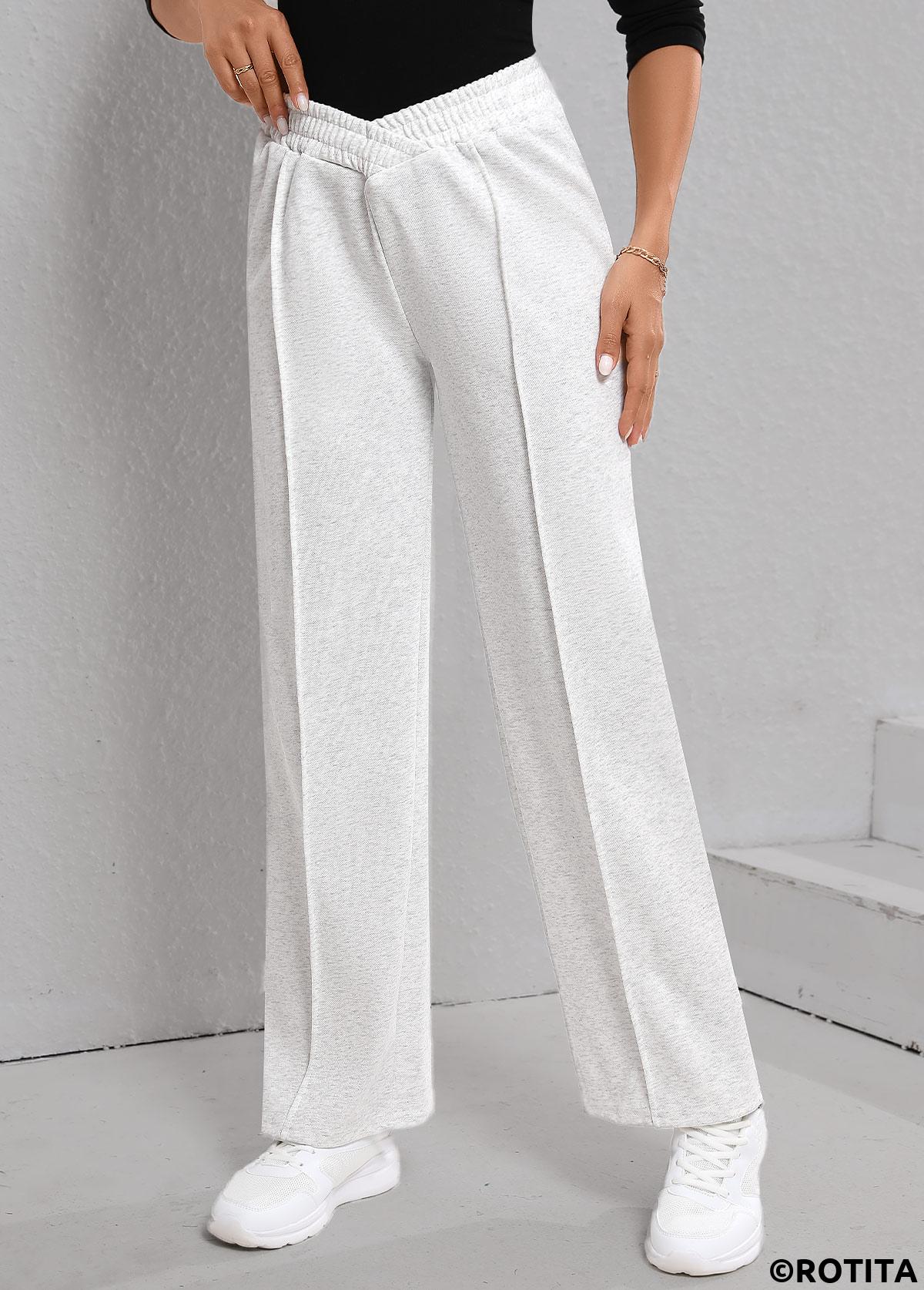 Light Grey bottoms,Plain Color bottoms,Patchwork Light Grey Elastic Waist High Waisted Pants