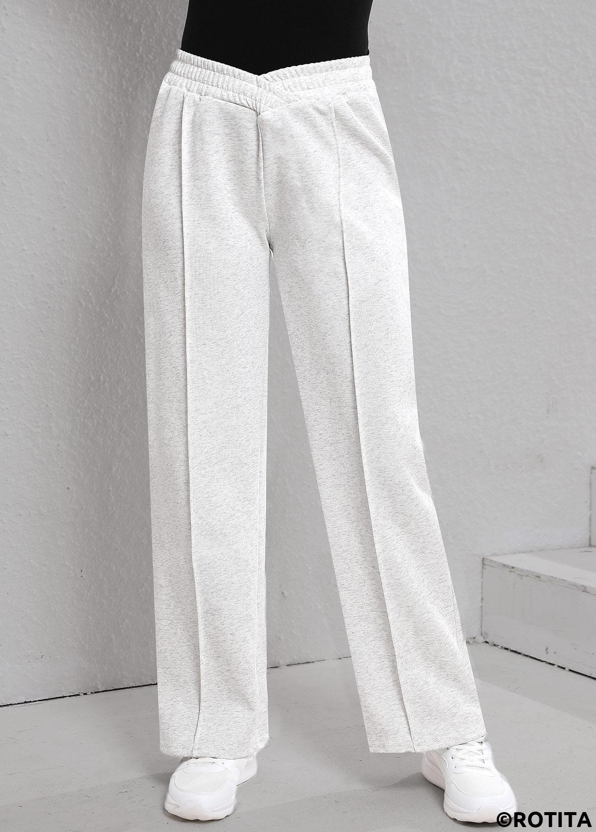 Light Grey bottoms,Plain Color bottoms,Patchwork Light Grey Elastic Waist High Waisted Pants