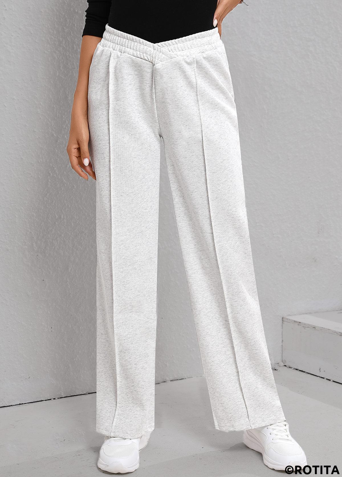 Light Grey bottoms,Plain Color bottoms,Patchwork Light Grey Elastic Waist High Waisted Pants